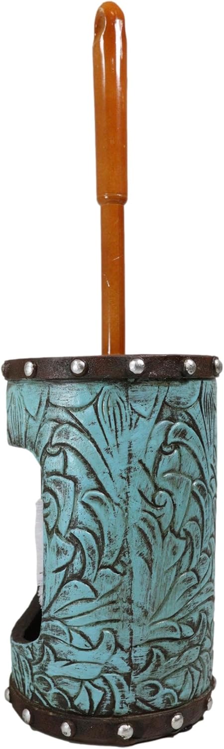 Ebros Gift Juego de 2 piezas para limpiar el inodoro con diseño floral de cuero sintético turquesa occidental rústico vintage y soporte para base