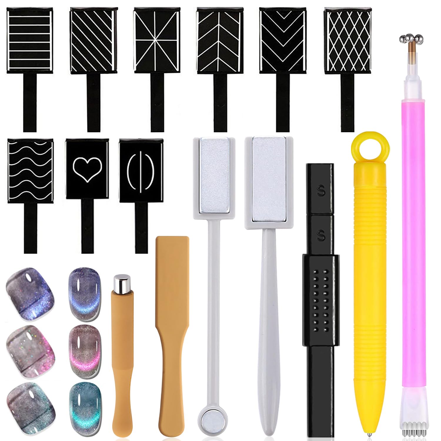 SILPECWEE Juego de imanes de uñas de ojo de gato, 16 unidades, imán para uñas, ojo de gato, esmalte de uñas de gel, varita magnética para arte de