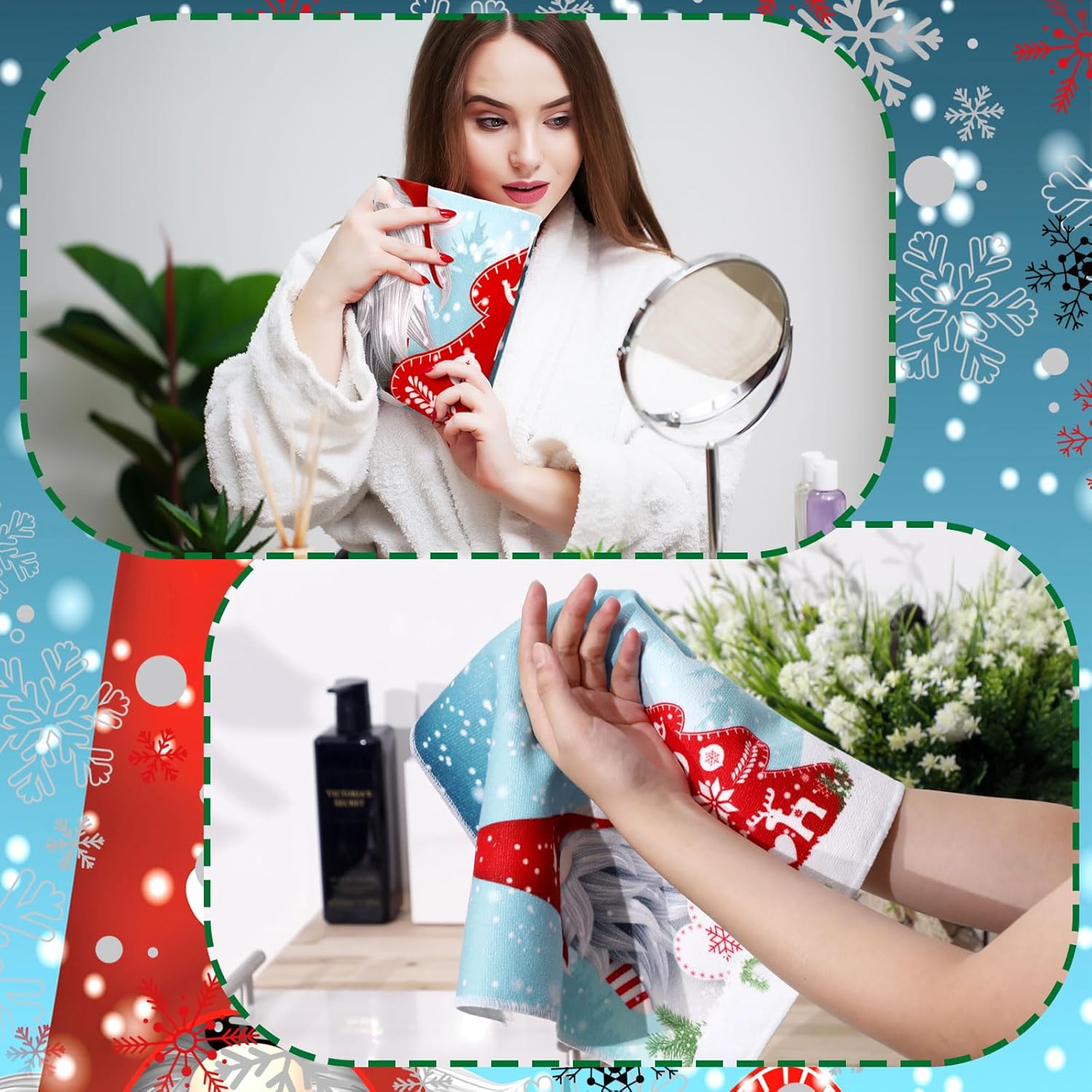 Juego de 3 toallas de baño de gnomo de Navidad, toallas de mano para árbol de Navidad, toallas de baño de copos de nieve, toallas de baño suaves y