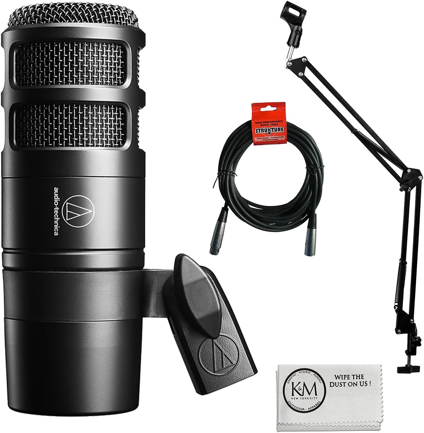 Audio-Technica Micrófono podcast dinámico hipercardioide AT2040 incluido con cable XLR de 20 pies + brazo de micrófono (3 artículos)