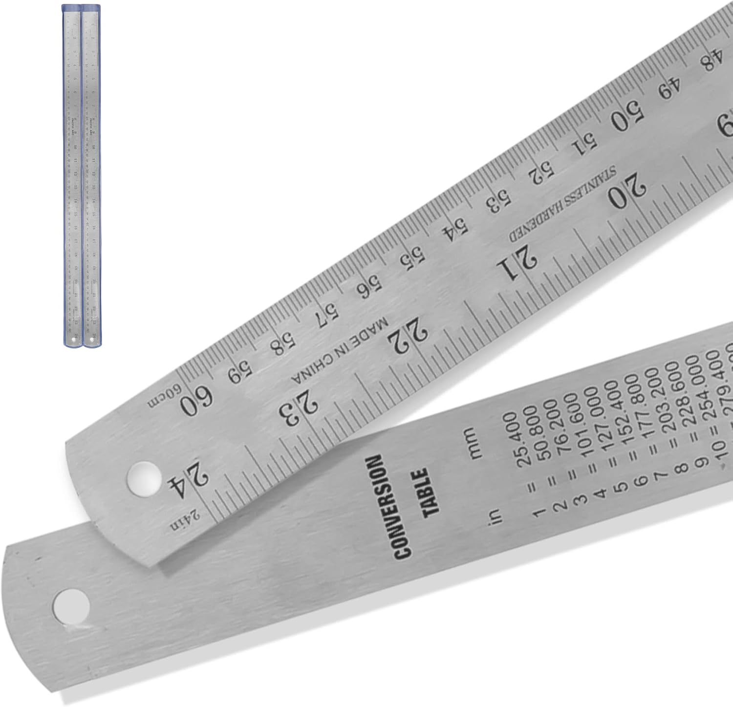 Paquete de 2 reglas Pacific Arc de acero inoxidable de 24 pulgadas con mesa de conversión métrica y pulgadas