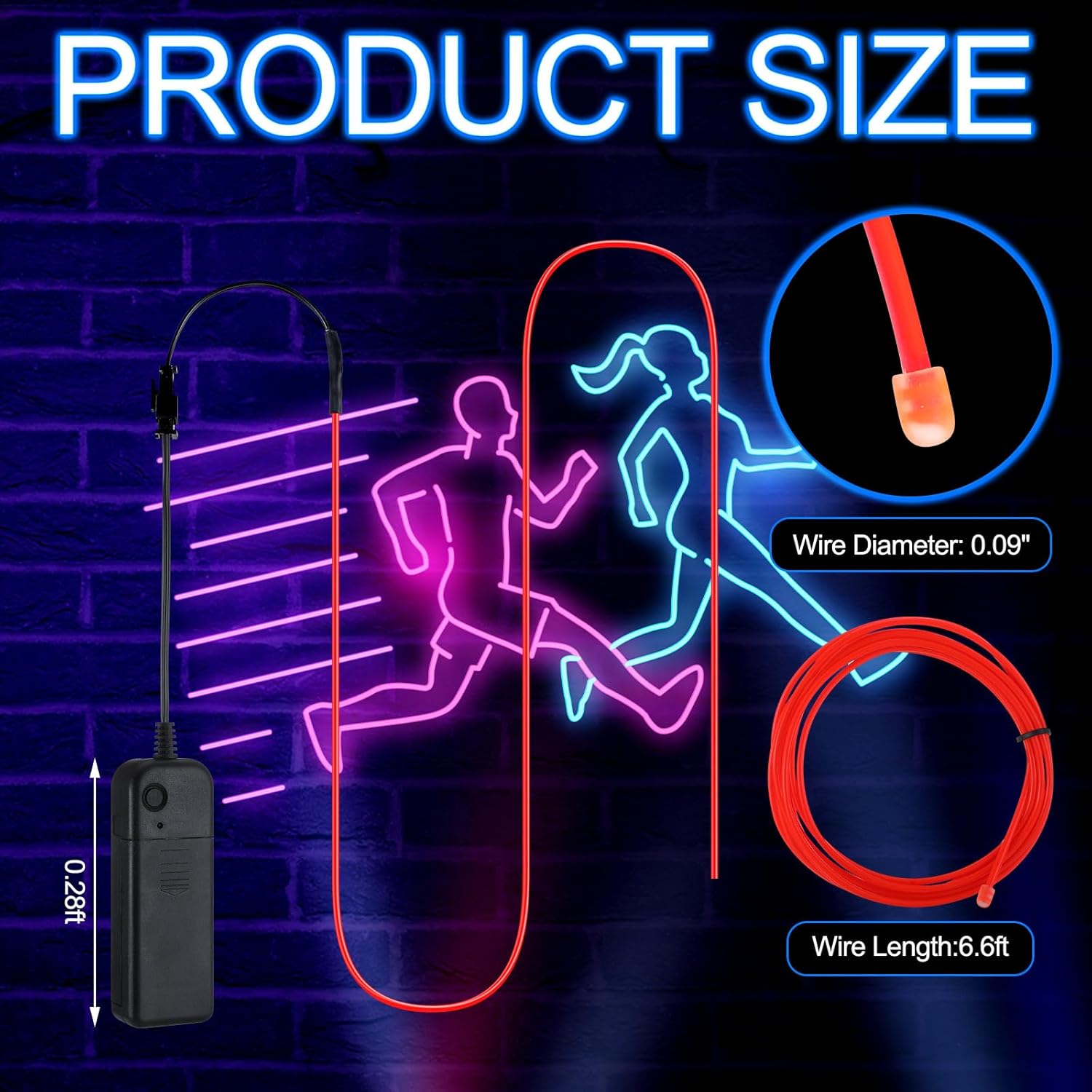 Juego de 50 luces de neón portátiles de alambre EL con tira de 6.6 pies, luces LED brillantes que se pueden cortar, funciona con pilas, cable