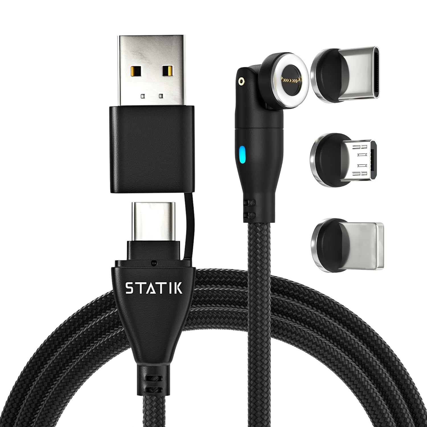 STATIK Cargador magnético 360 Pro de 1 generación  Cable de carga magnético USB C  Cable de carga magnético 3 en 1  iProduct, Micro-USB, USB-A y USB