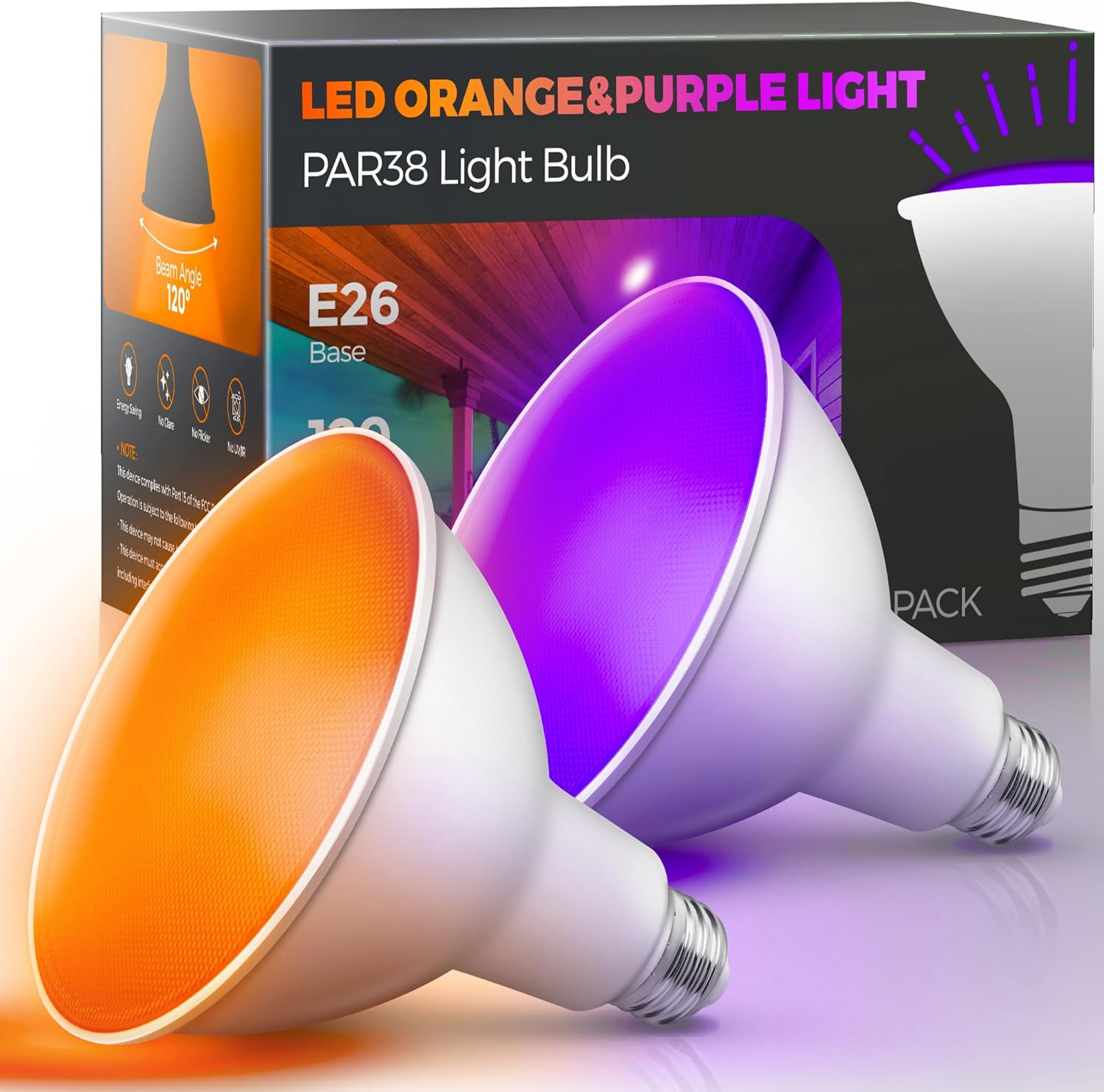 LOHAS – Bombillas de inundación color naranja morado, luz de inundación LED PAR38 para exteriores, equivalente a 100 W, bombilla de porche de color