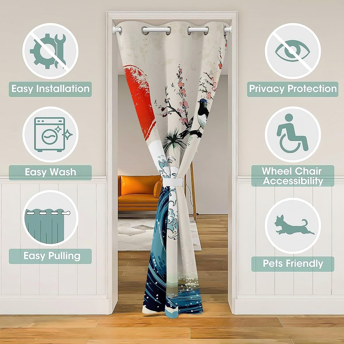 Castle Fairy Ukiyoe – Cortina de puerta con diseño de océano, diseño de árbol con diseño de olas de mar con salida del sol, decoración de