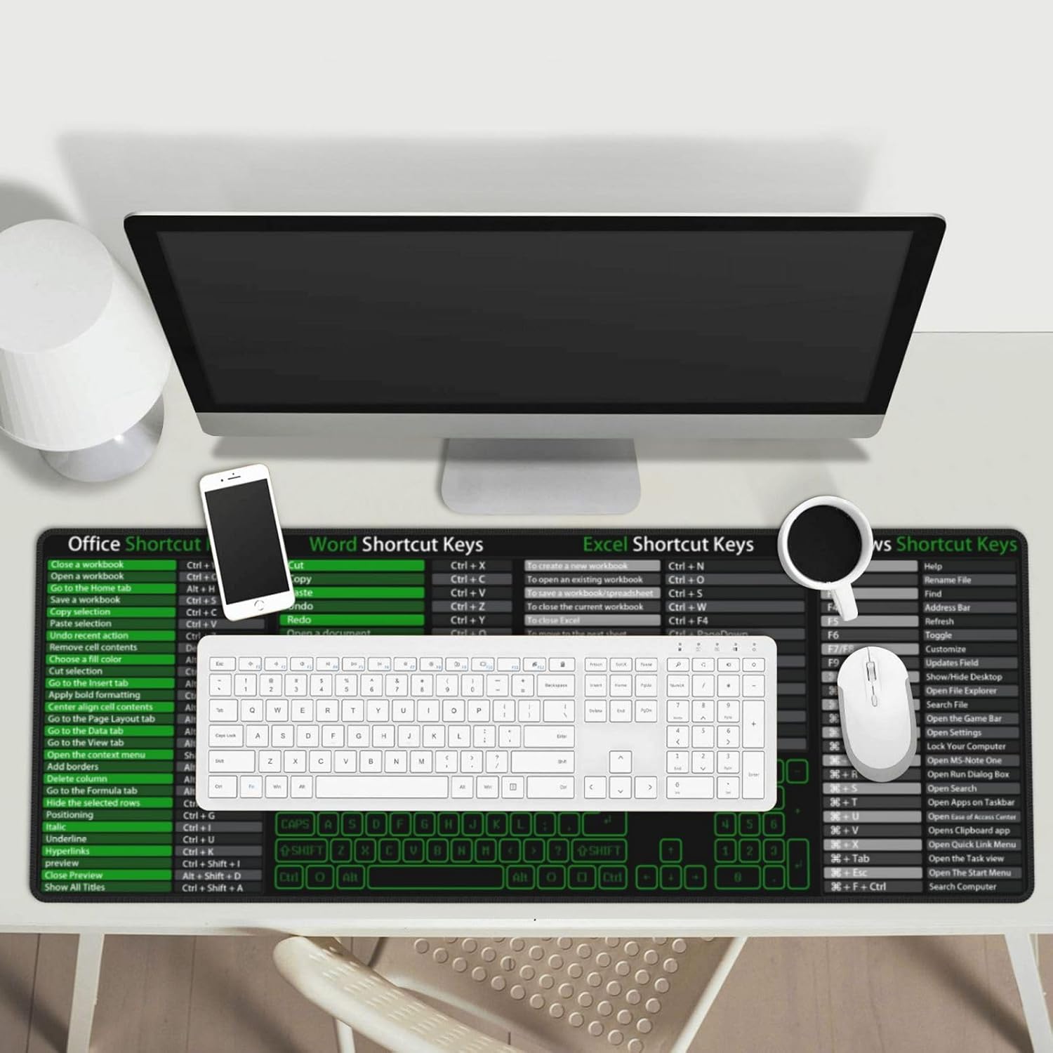 Atajos de teclas de acceso directo de computadora, oficina, punto de alimentación Excel, Word, verde, para juegos, teclado, mouse, alfombrilla de