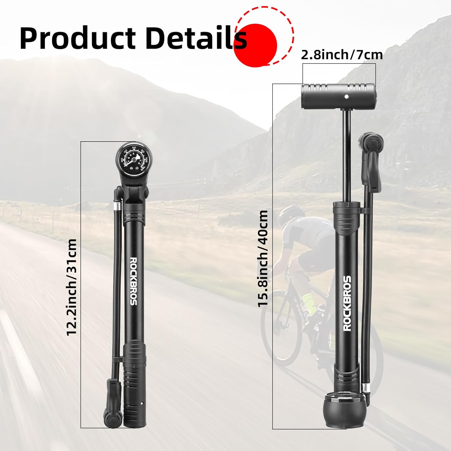 ROCKBROS Bomba de bicicleta, bomba de bicicleta con medidor PSI, bomba de neumático de bicicleta portátil con válvula inteligente, se adapta a