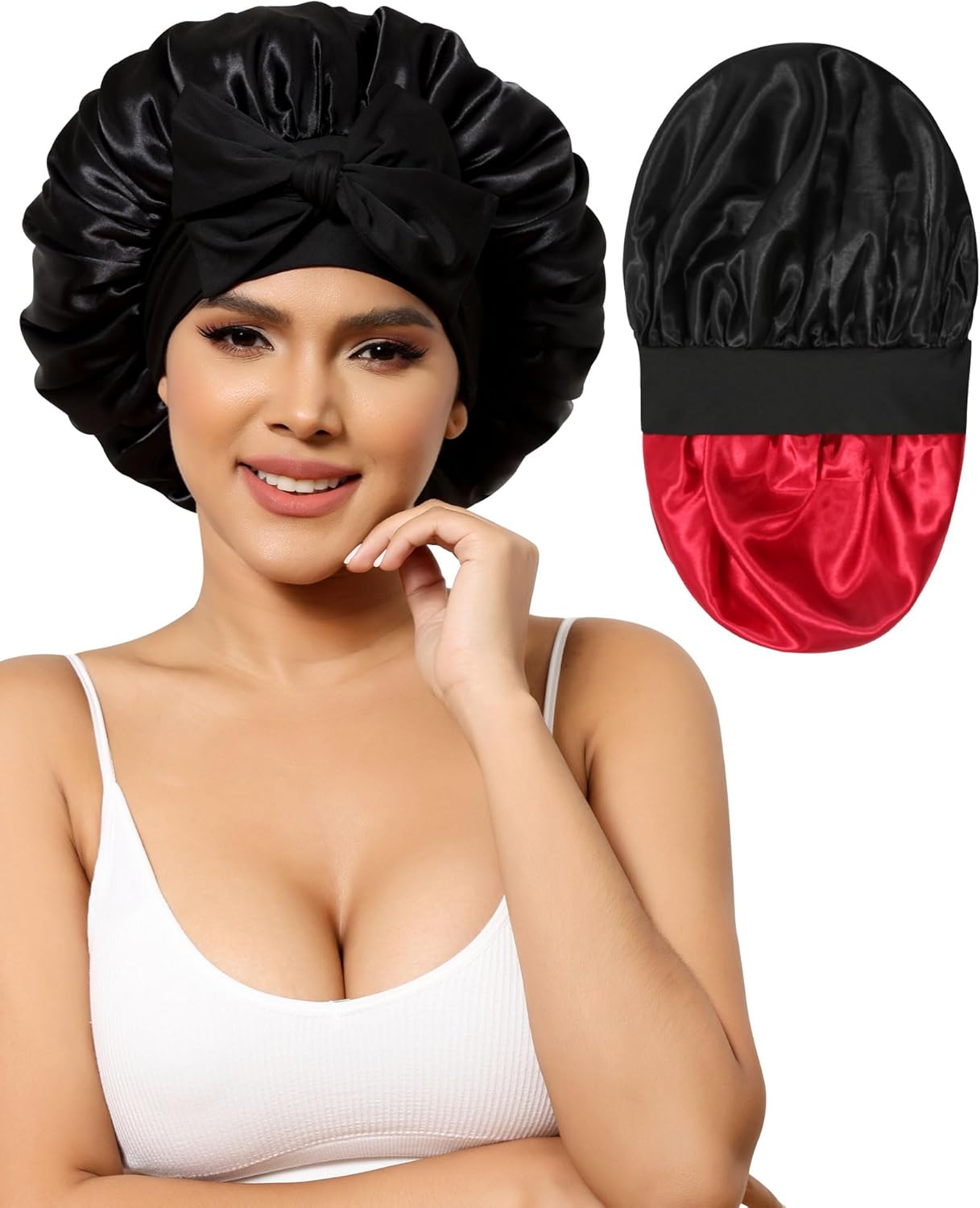 Gorro de satén para mujer, gorro de seda para dormir, gorro de pelo rizado con banda de corbata, doble capa para dormir, envoltura para el cabello