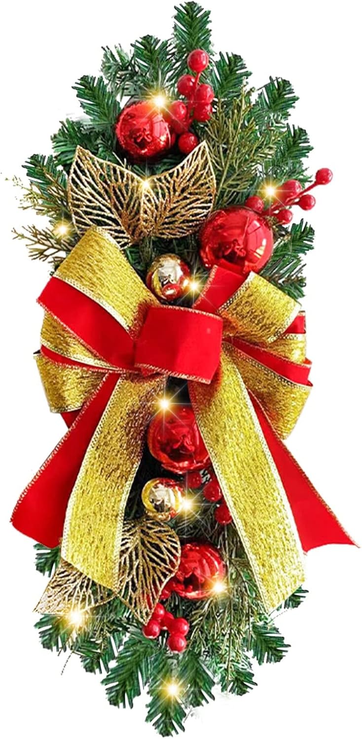 Guirnalda de escaleras de Navidad preiluminada, guirnalda de Navidad, el borde de escalera preiluminado inalámbrico, coronas de Navidad para puerta