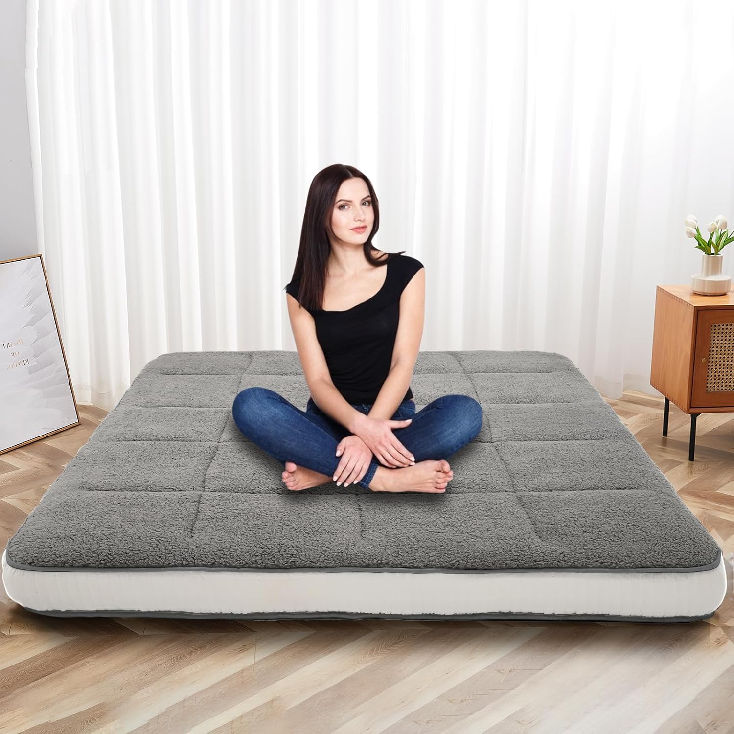 LILYPELLE Colchón japonés futón, colchón plegable de forro polar, colchón enrollable, tapete de tatami para dormir, tumbona para el suelo, cama de