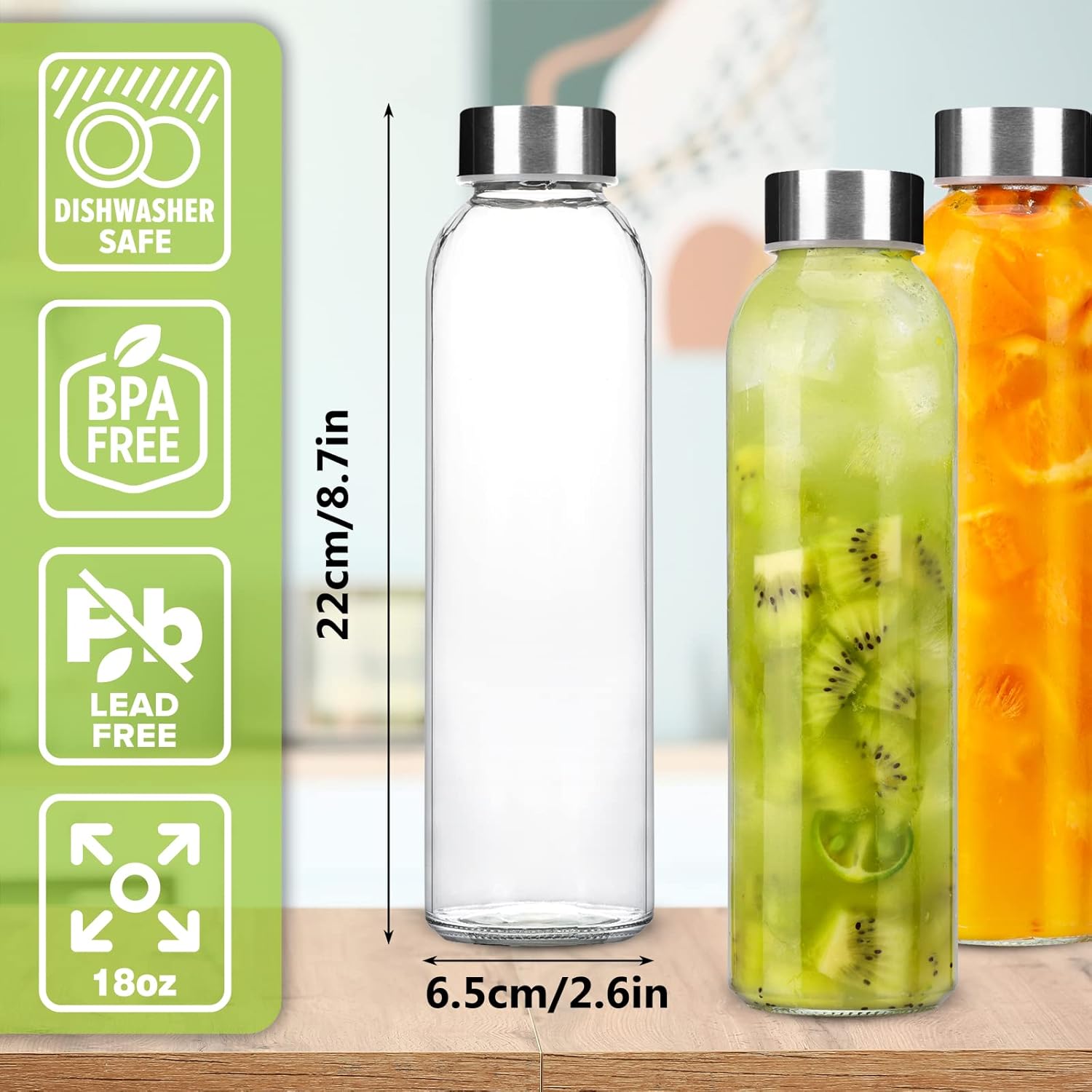 CUCUMI Botellas de jugo de vidrio de 18 onzas, 12 botellas de agua de vidrio con tapas de acero inoxidable, botellas de jugo reutilizables a granel