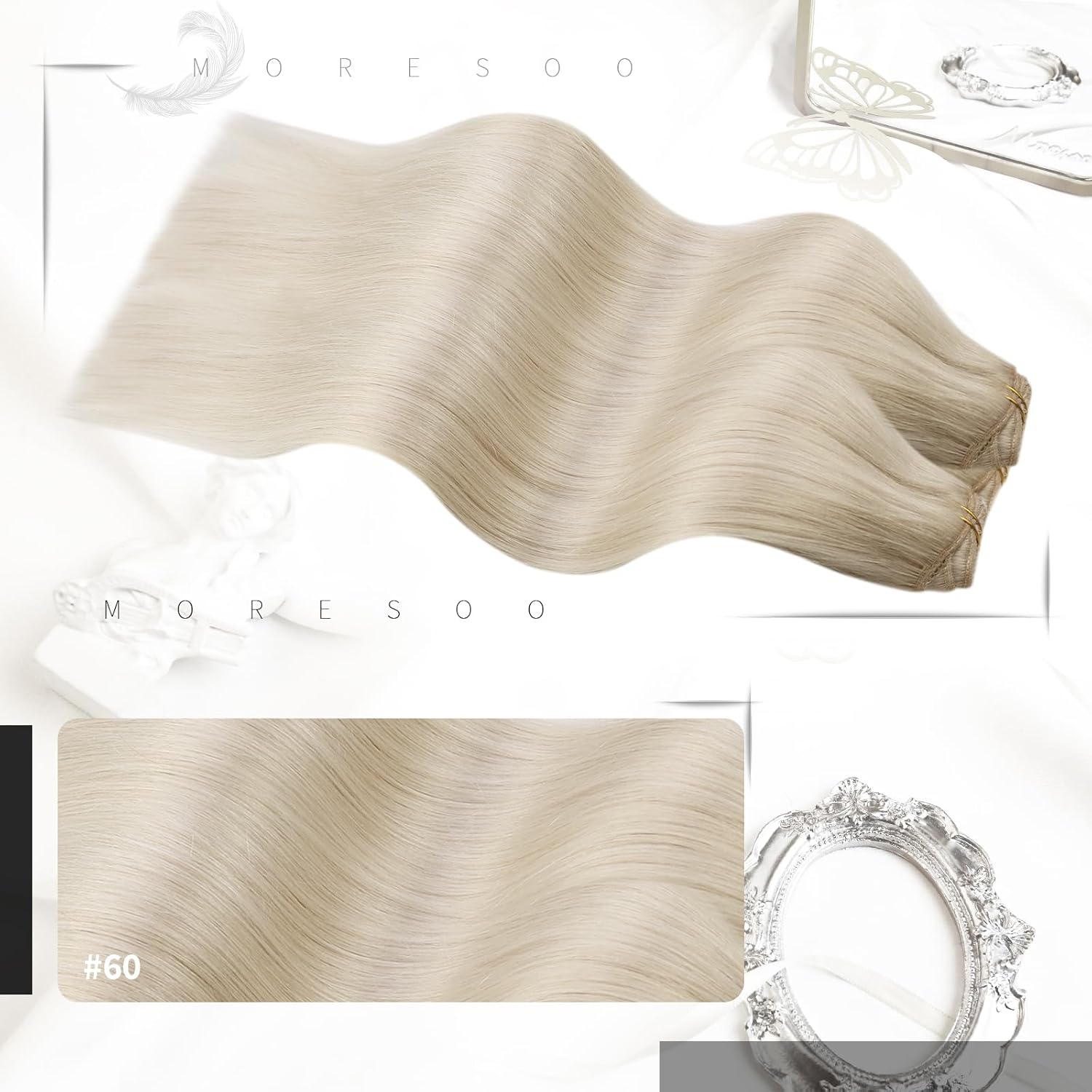 Moresoo Extensiones de cabello humano Remy con clip, color rubio platino, extensiones de cabello humano real de doble trama, color rubio #60, 18