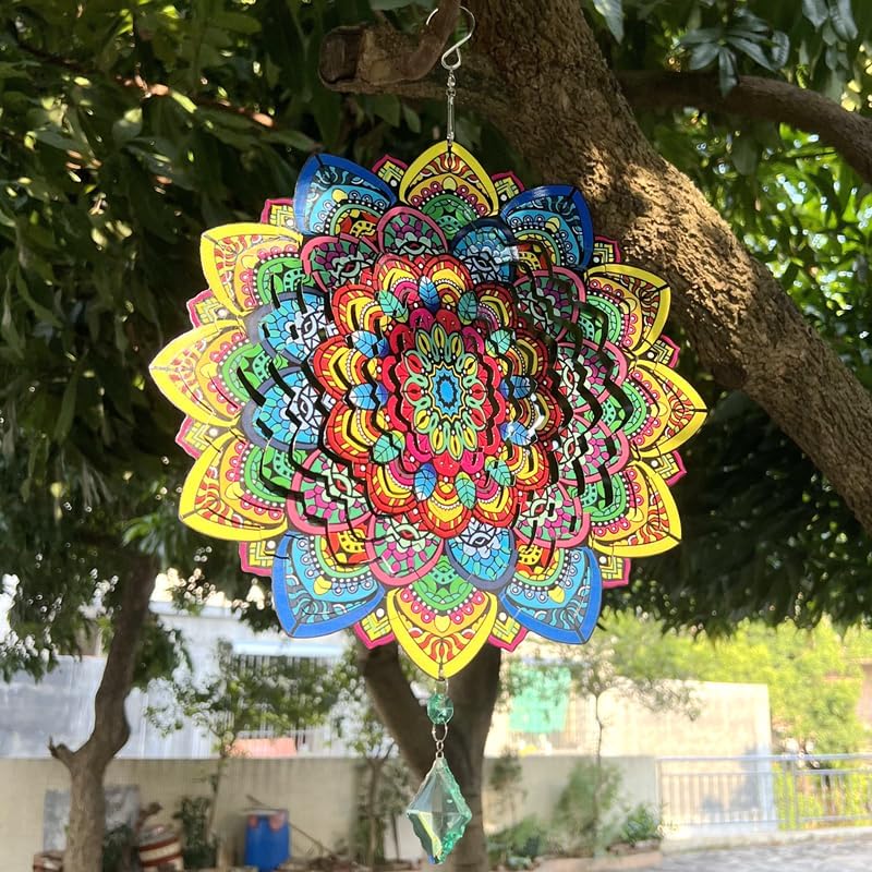 HZSprance Molinillo de viento con diseño de mandala, escultura de jardín de acero inoxidable 3D de 12 pulgadas, para colgar en el patio, decoración