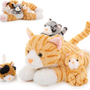 Muiteiur 4 gatos de peluche, 15.7 pulgadas, gato de peluche con 3 gatitos rellenos en bolsa con cremallera, lindos gatos amarillos de peluche para Muiteiur 4 gatos de peluche, 15.7 pulgadas, gato de peluche con 3 gatitos rellenos en bolsa con cremallera, lindos gatos amarillos de peluche para