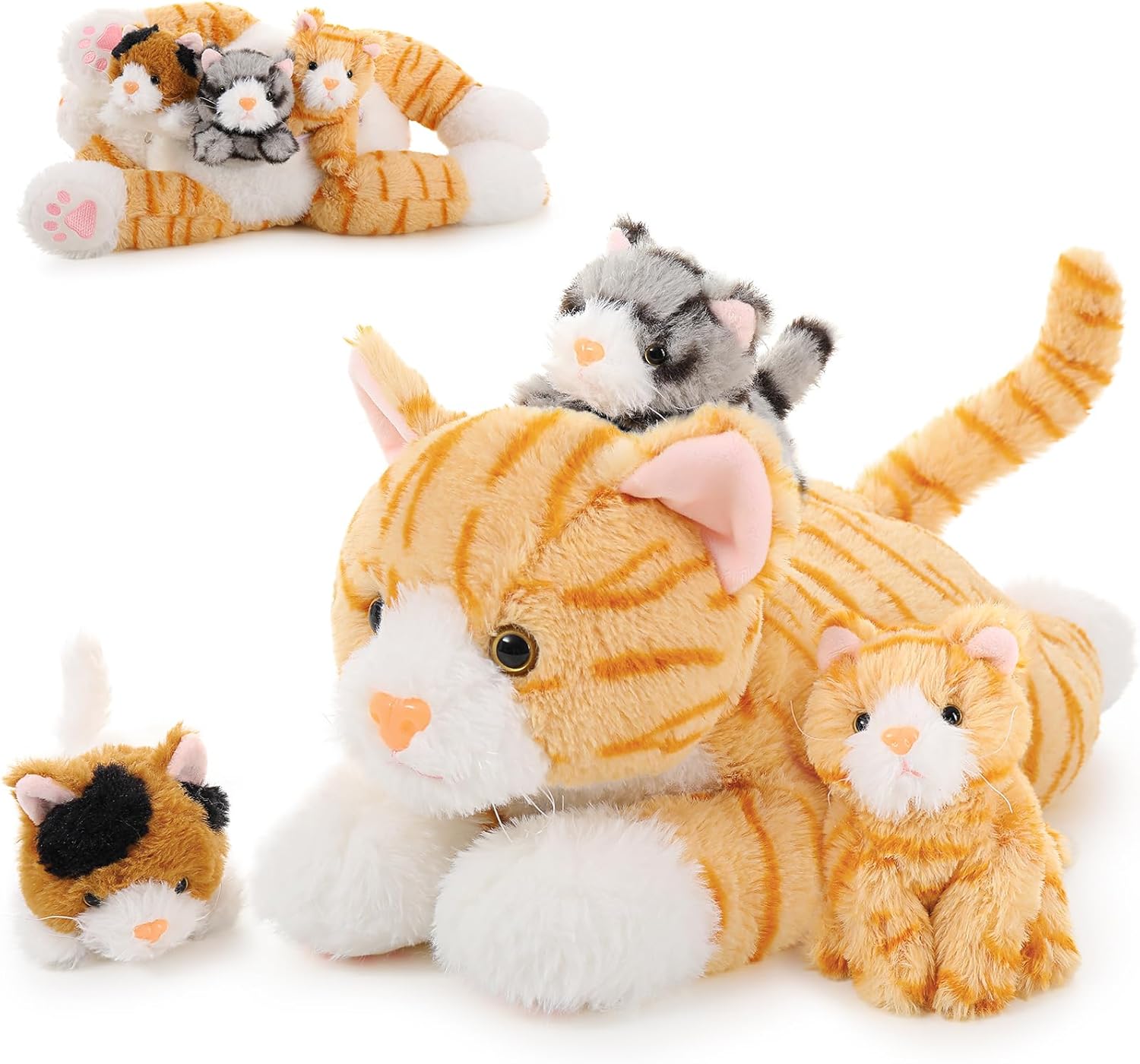 Muiteiur 4 gatos de peluche, 15.7 pulgadas, gato de peluche con 3 gatitos rellenos en bolsa con cremallera, lindos gatos amarillos de peluche para