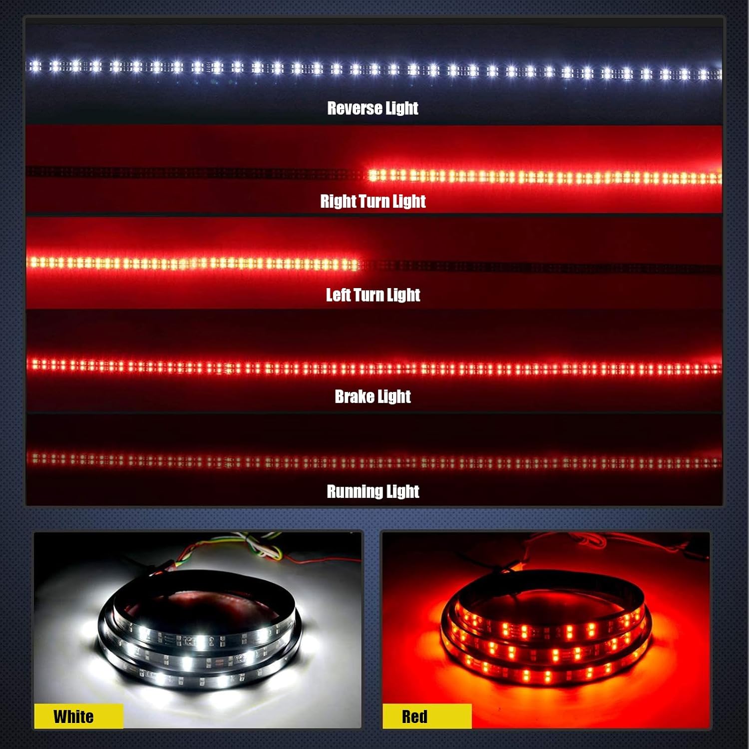 1 barra de luz de doble fila para puerta trasera de automóvil, 59 pulgadas, blanco + rojo, luz de freno de señal de giro flexible impermeable DRL,