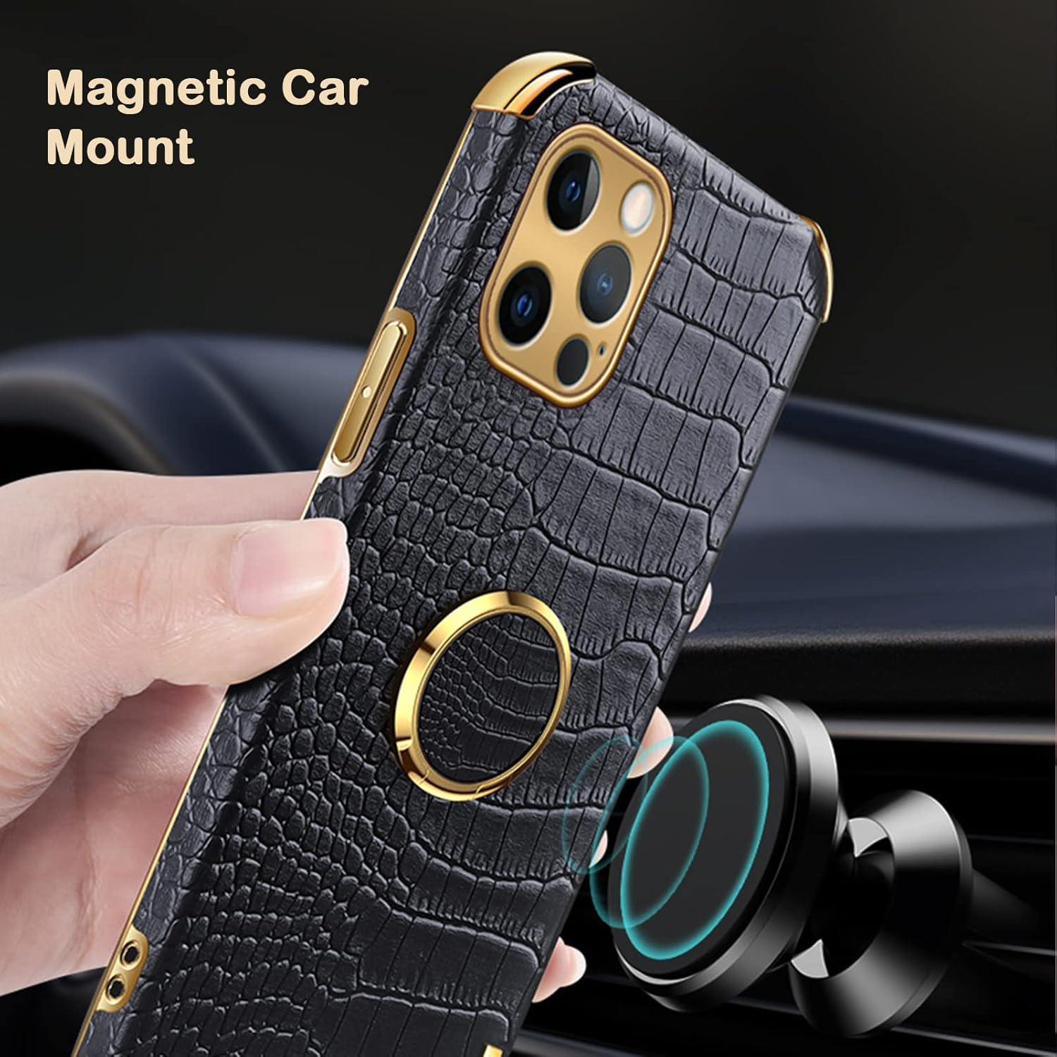 aowner Funda para iPhone 15 con soporte de anillo de 360 , funda de cuero con patrón de cocodrilo de lujo, parachoques dorado, a prueba de golpes,