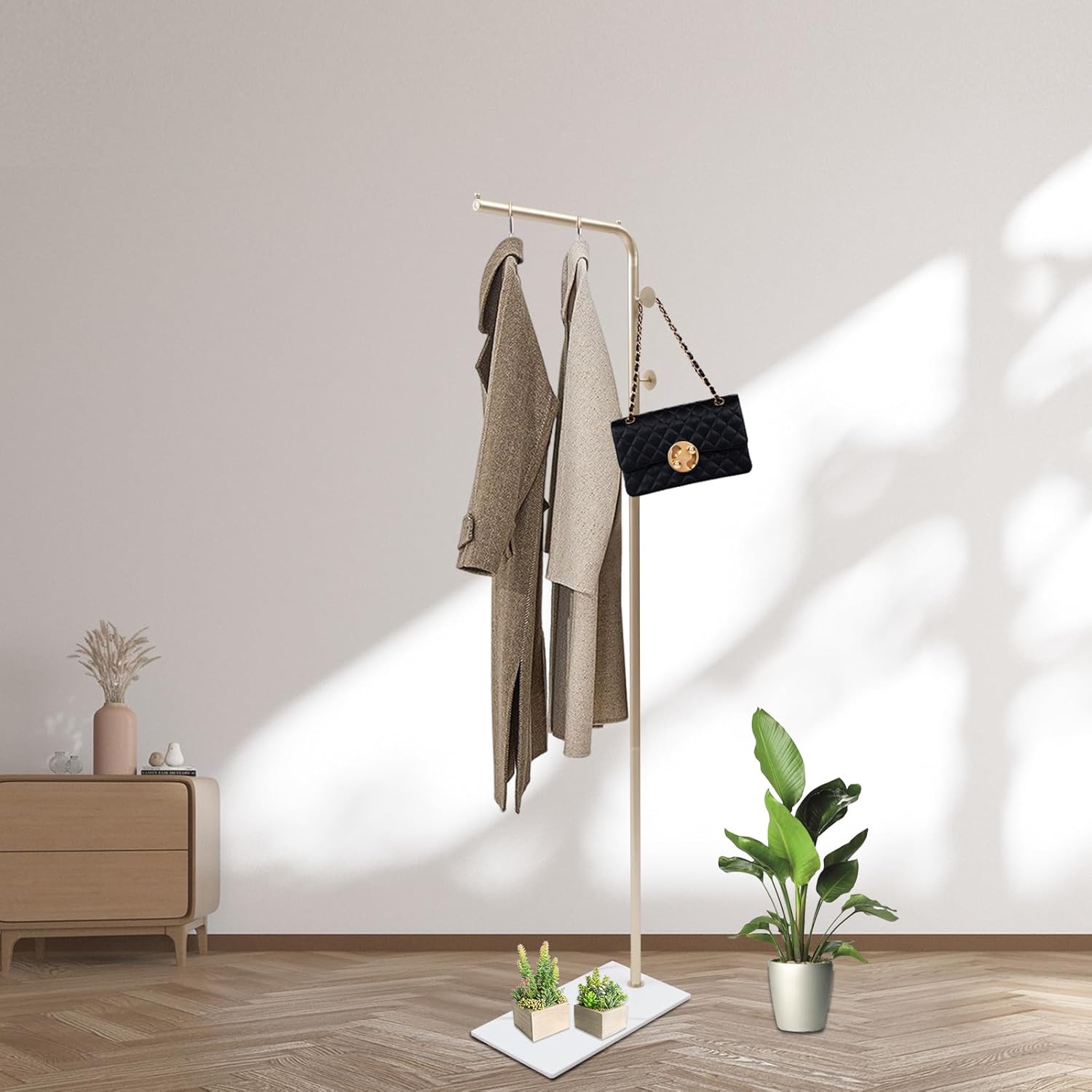 Perchero de metal independiente con base de mármol natural, soporte para colgar ropa de entrada con 3 ganchos, árbol de pasillo de hotel para el