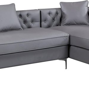 Da Vinci – Sofá seccional de piel sintética gris con ribete plateado y patas en Y de metal plateado Da Vinci – Sofá seccional de piel sintética gris con ribete plateado y patas en Y de metal plateado