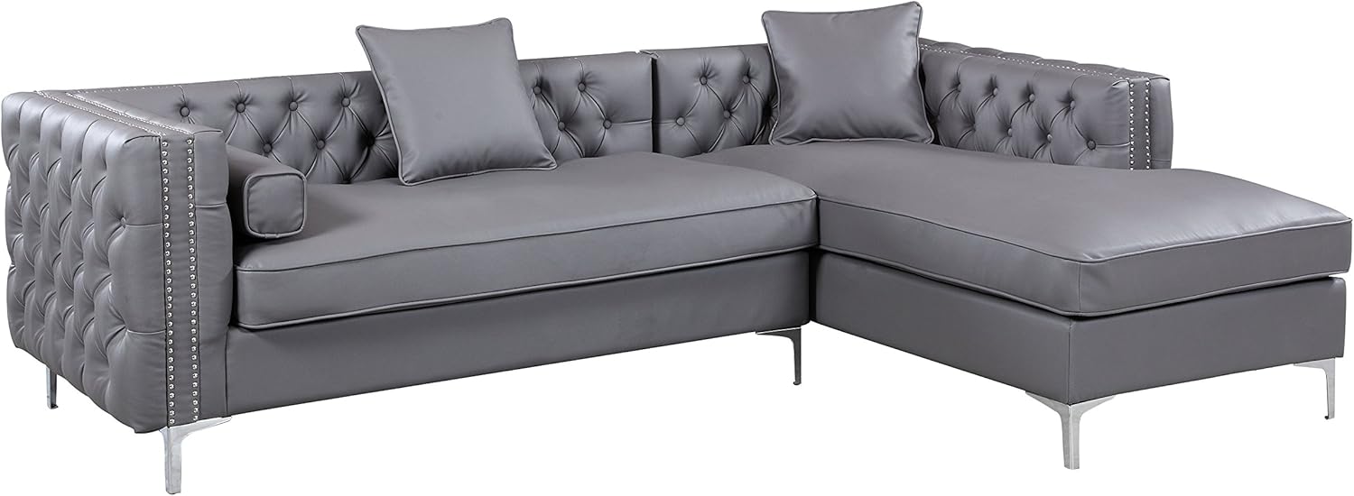 Da Vinci – Sofá seccional de piel sintética gris con ribete plateado y patas en Y de metal plateado