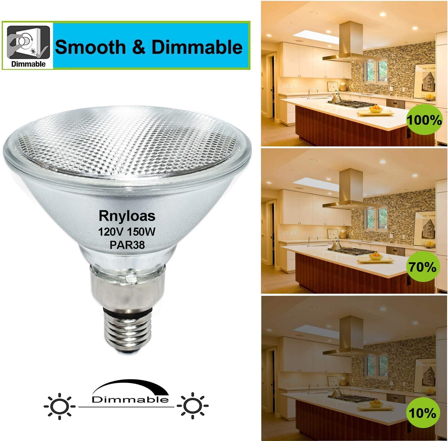 Rnyloas PAR38 – Luz de inundación halógena, paquete de 4 bombillas de inundación de larga vida útil 150 W 120 V PAR38 regulable, bombilla PAR38 de