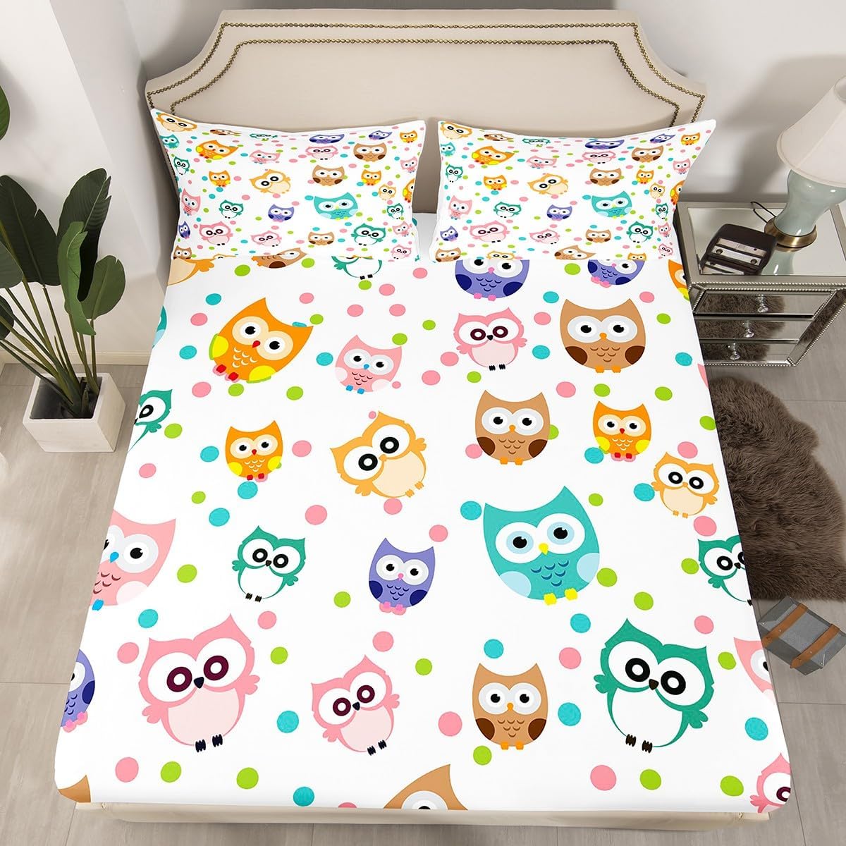 Feelyou Juego de sábanas ajustables con diseño de búho lindo para niñas, diseño de pájaros, tamaño individual, diseño de búhos, juego de sábanas
