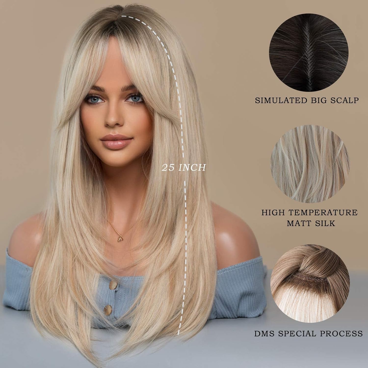 7JHH WIGS Peluca rubia larga con flequillo para mujer, fibra resistente al calor, pelucas de cabello sintético en capas de 25 pulgadas con raíces