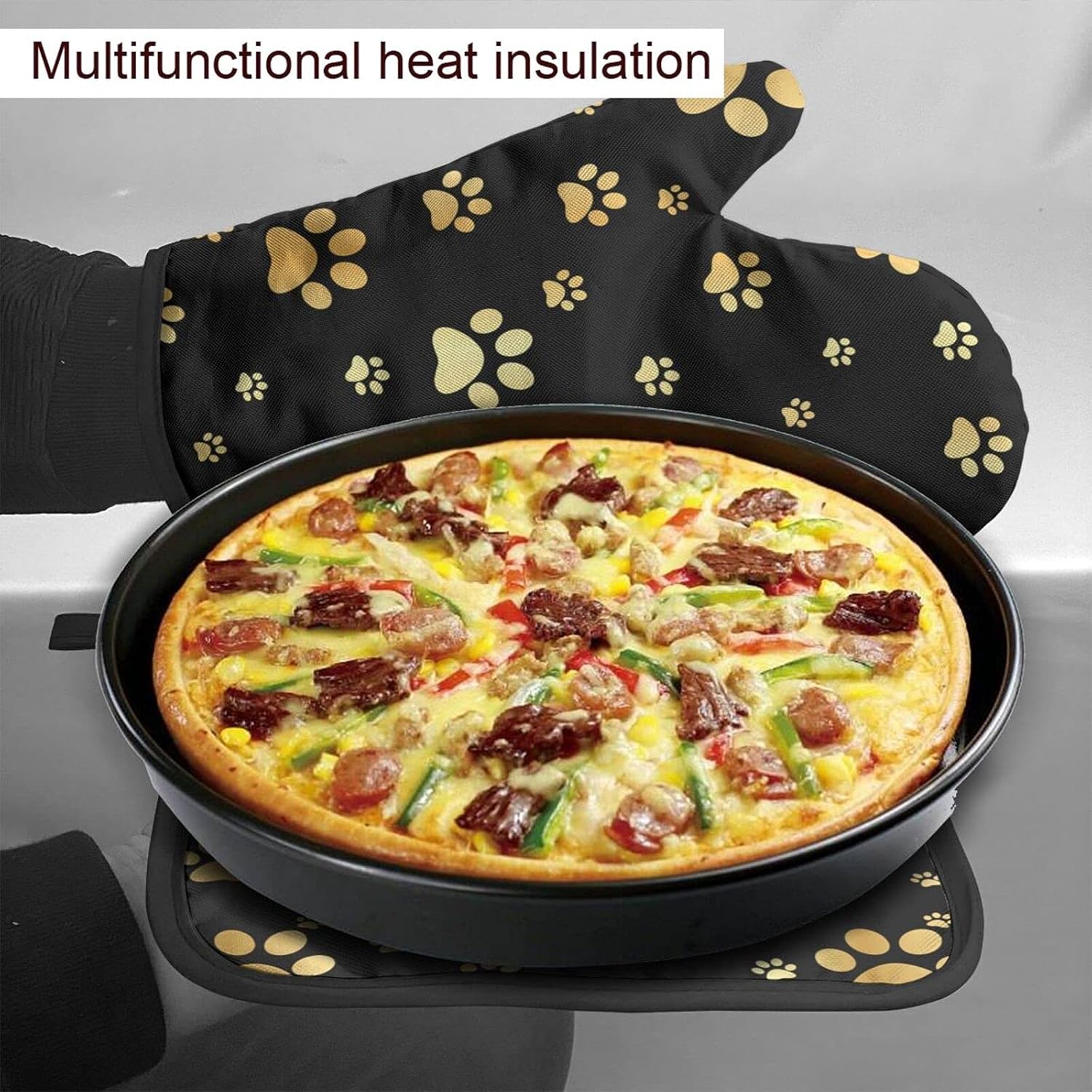 Juego de manoplas de horno y soportes para ollas de perro dorados, resistentes al calor, huellas doradas, guantes de cocina decorativos, guantes de