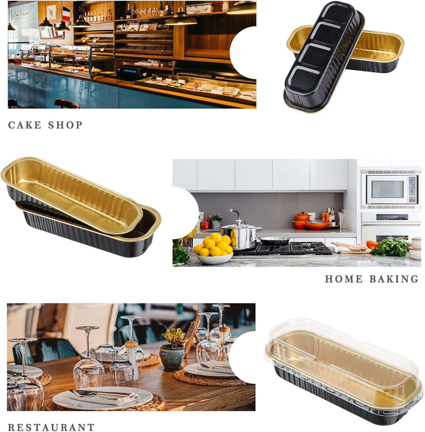 EUSOAR Tazas para hornear con tapas, 50 piezas de 6.8 onzas, 6.5 x 2.5 x 1.2 pulgadas, papel de aluminio desechable negro y dorado, moldes para