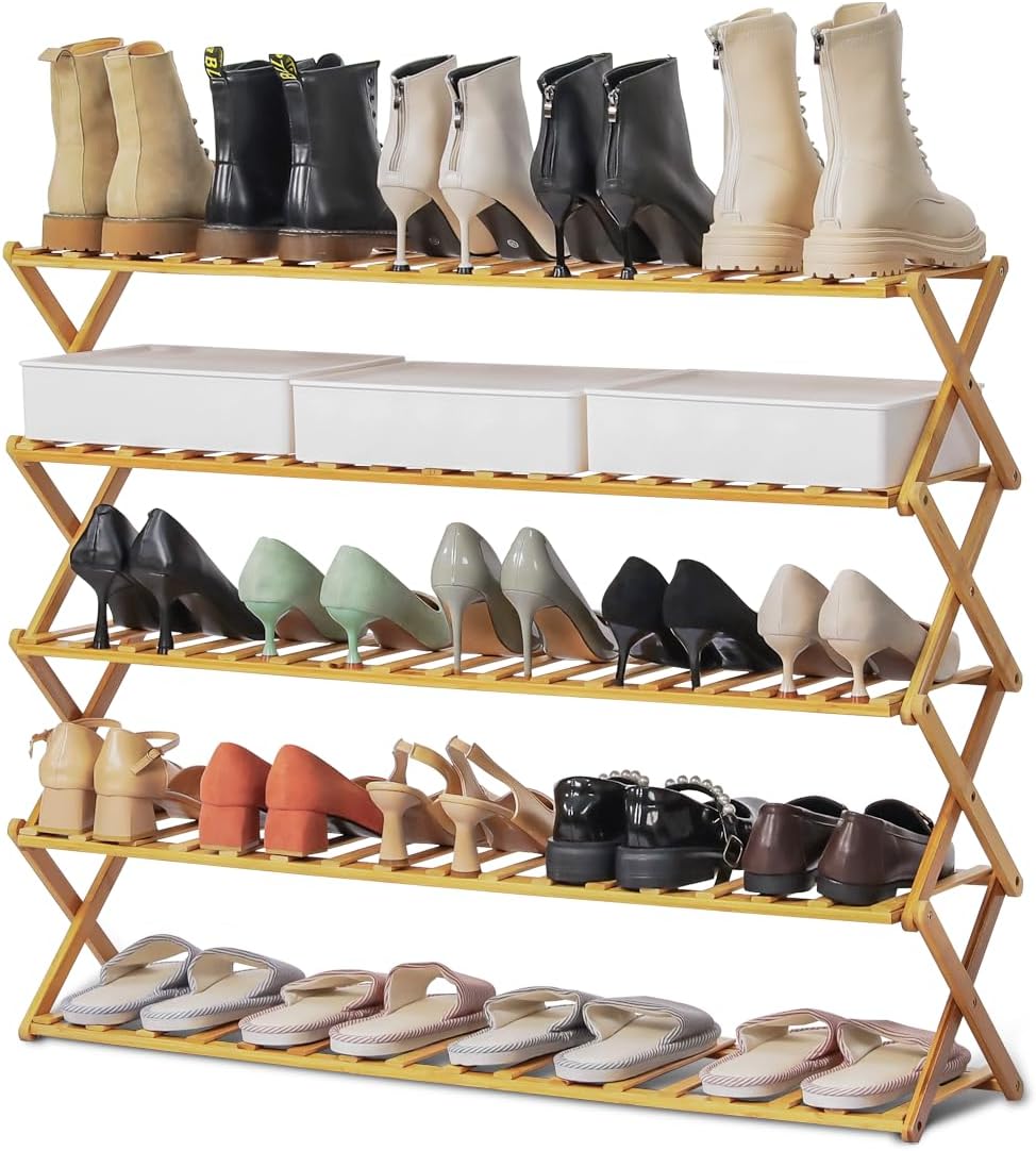 Magshion Estante organizador de zapatos ancho de bambú de 5 niveles, estante de almacenamiento apilable sin necesidad de montaje para entrada,