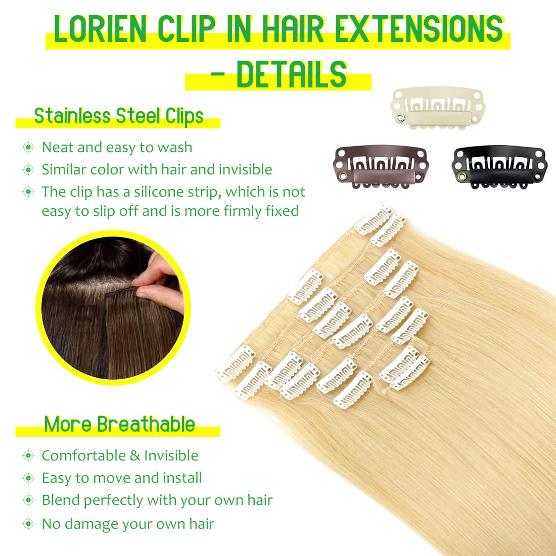 LORIEN Extensiones de cabello humano real con broches, 3.53 onzas, extensiones de cabello humano 100% lacio, 8 piezas por juego con 18 clips, doble