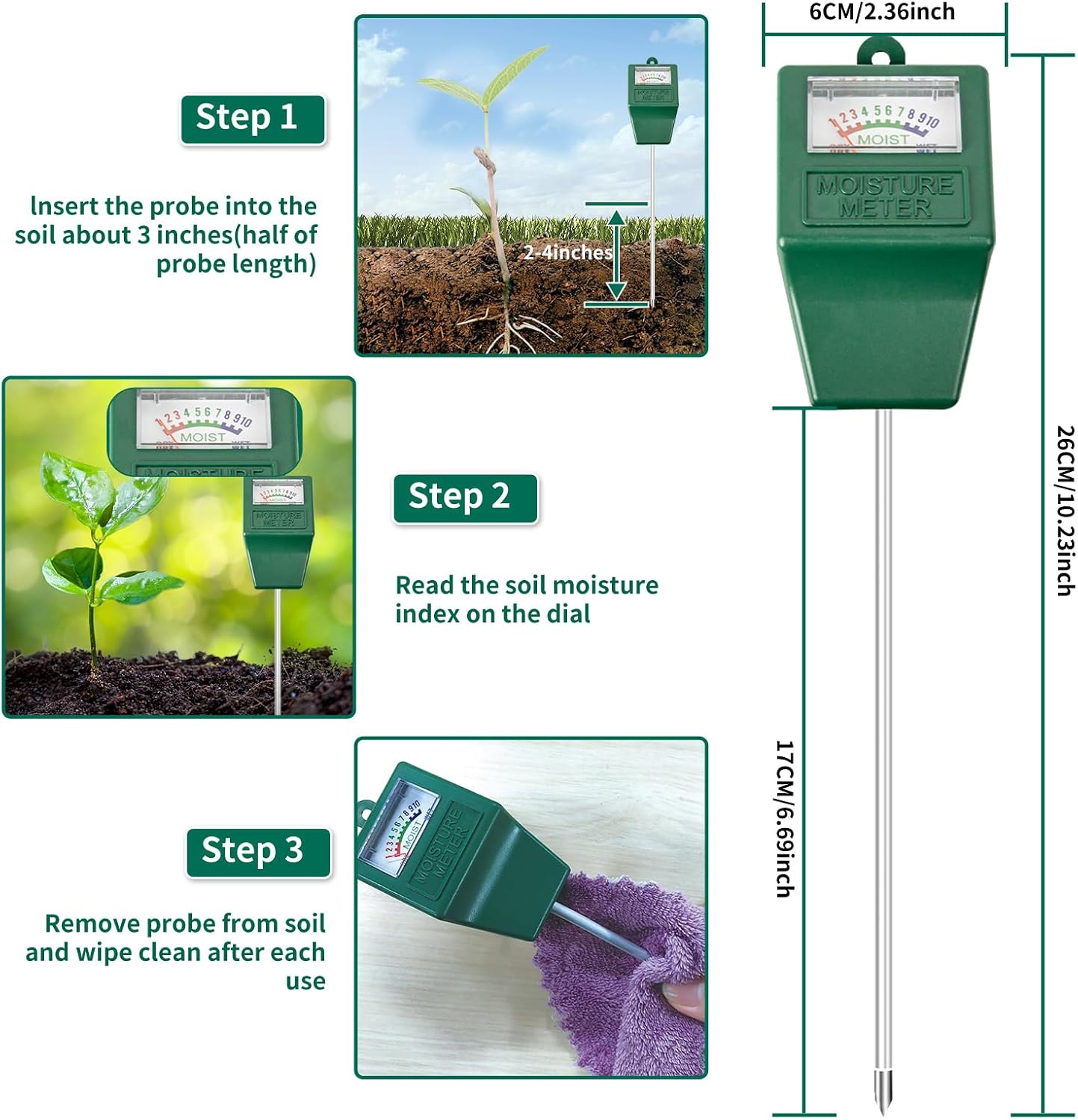 SZHLUX SZ-DZ-F – Medidor de agua de humedad del suelo, para plantas en maceta, jardinería, césped, interior y exterior (no necesita batería), 10.23