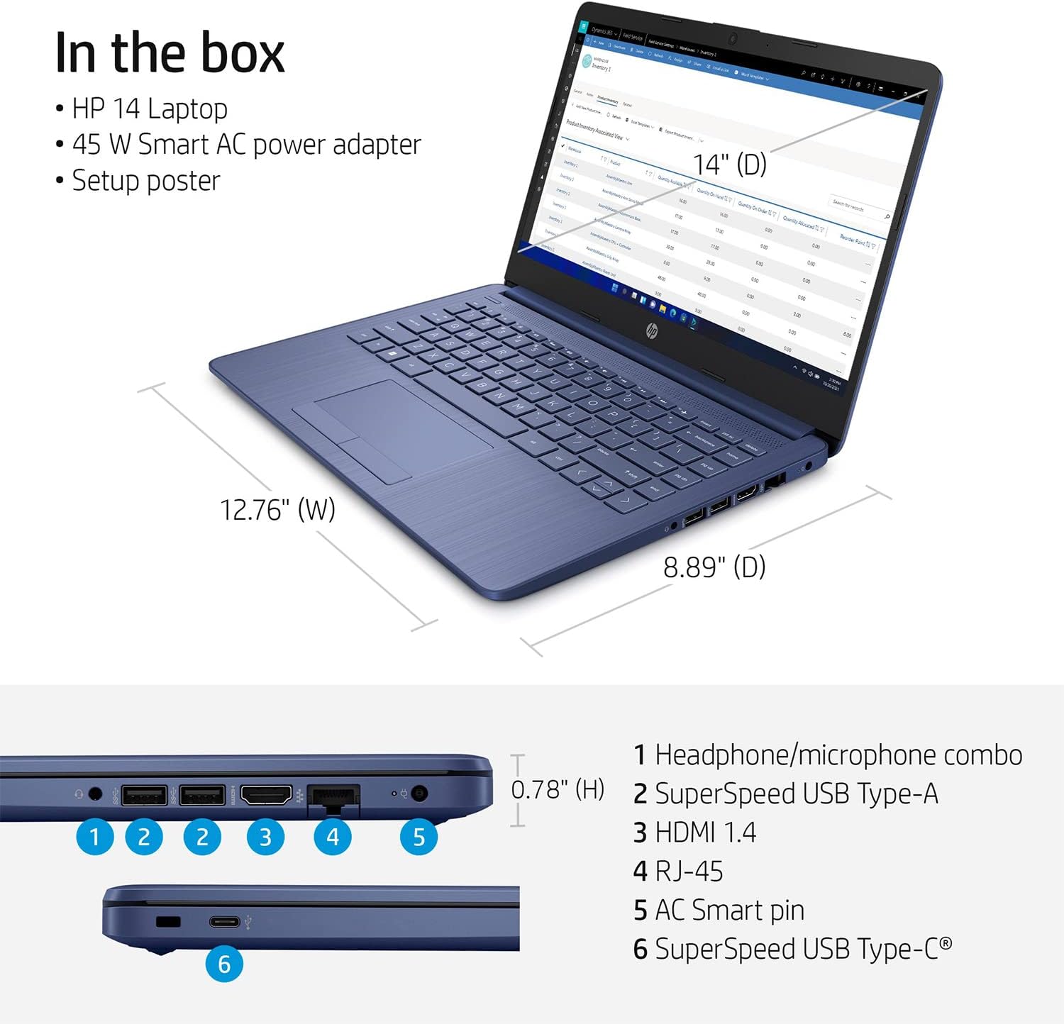 HP Laptop delgada y ligera HD 2022 de 14 pulgadas, procesador Intel de cuatro núcleos, 8 GB de RAM, 64 GB de almacenamiento, batería de larga
