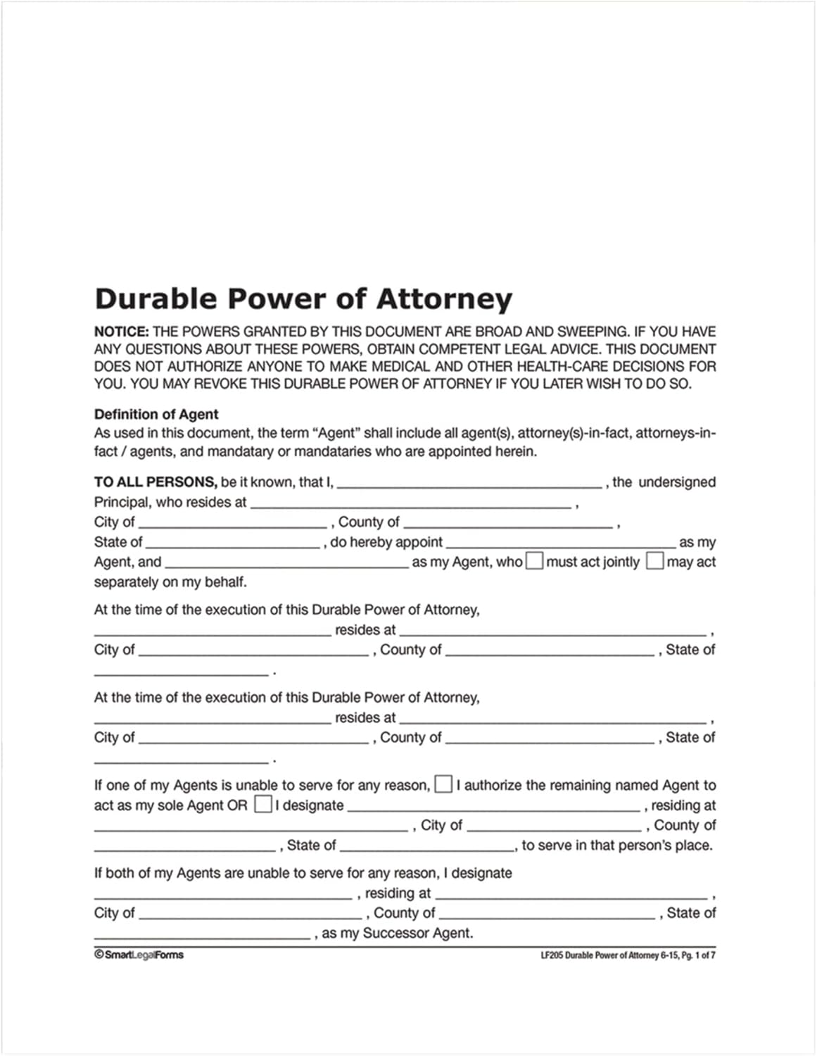 Adams Poder notarial duradero, formularios e instrucciones (LF205), blanco