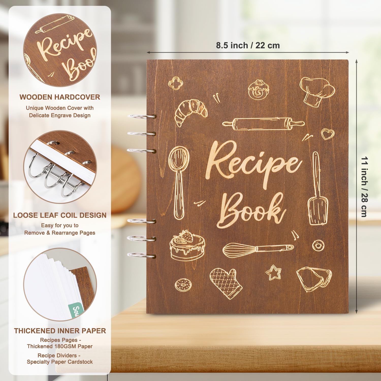 Creawoo Libro de recetas de madera para escribir en tus propias recetas, carpeta de recetas en blanco personalizada, libro de cocina, recetas