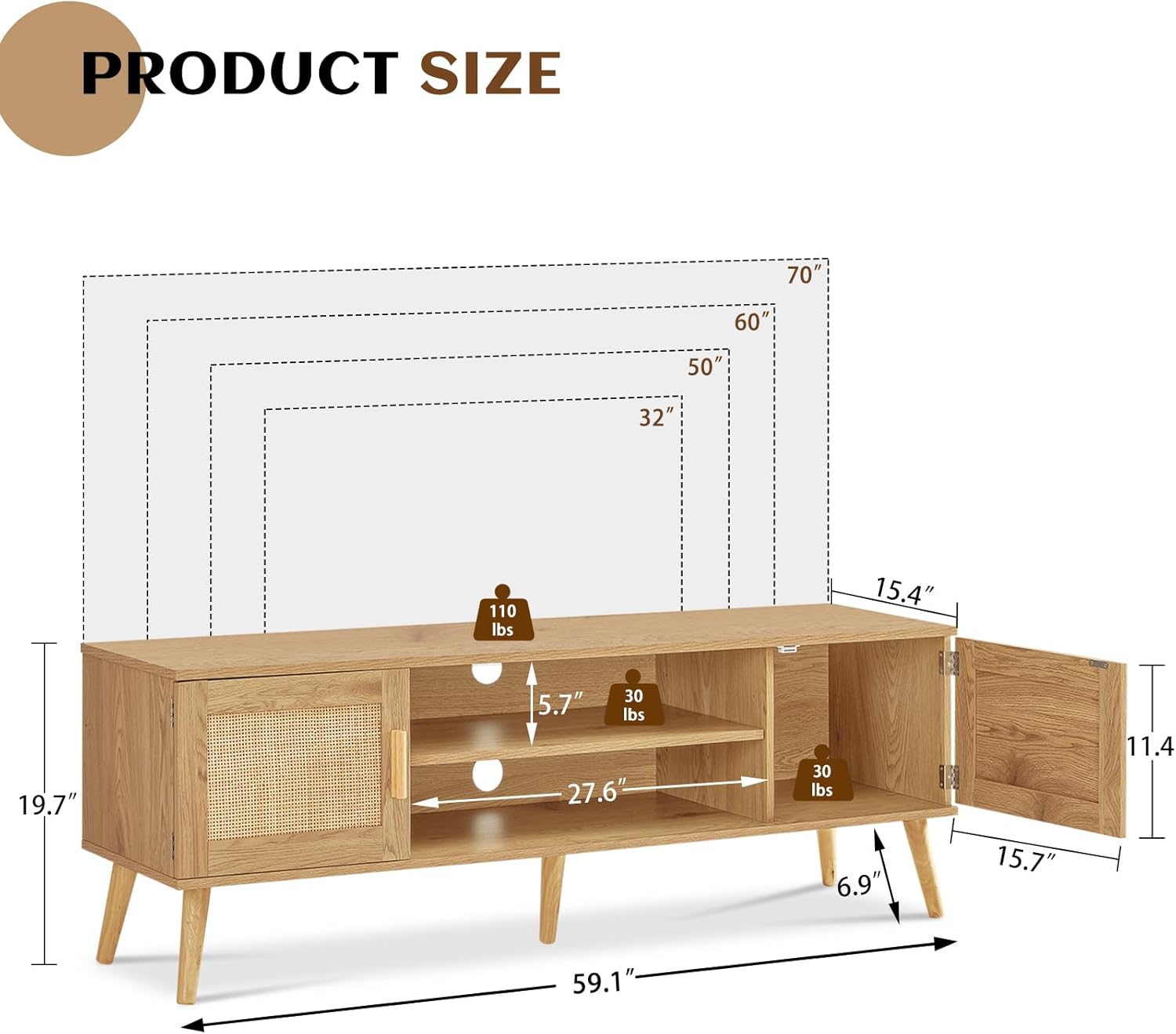 Iwell Soporte de TV bohemio de ratán para TV de 55, 65, 70 pulgadas, consola de TV grande, centro de entretenimiento con estante ajustable y 2