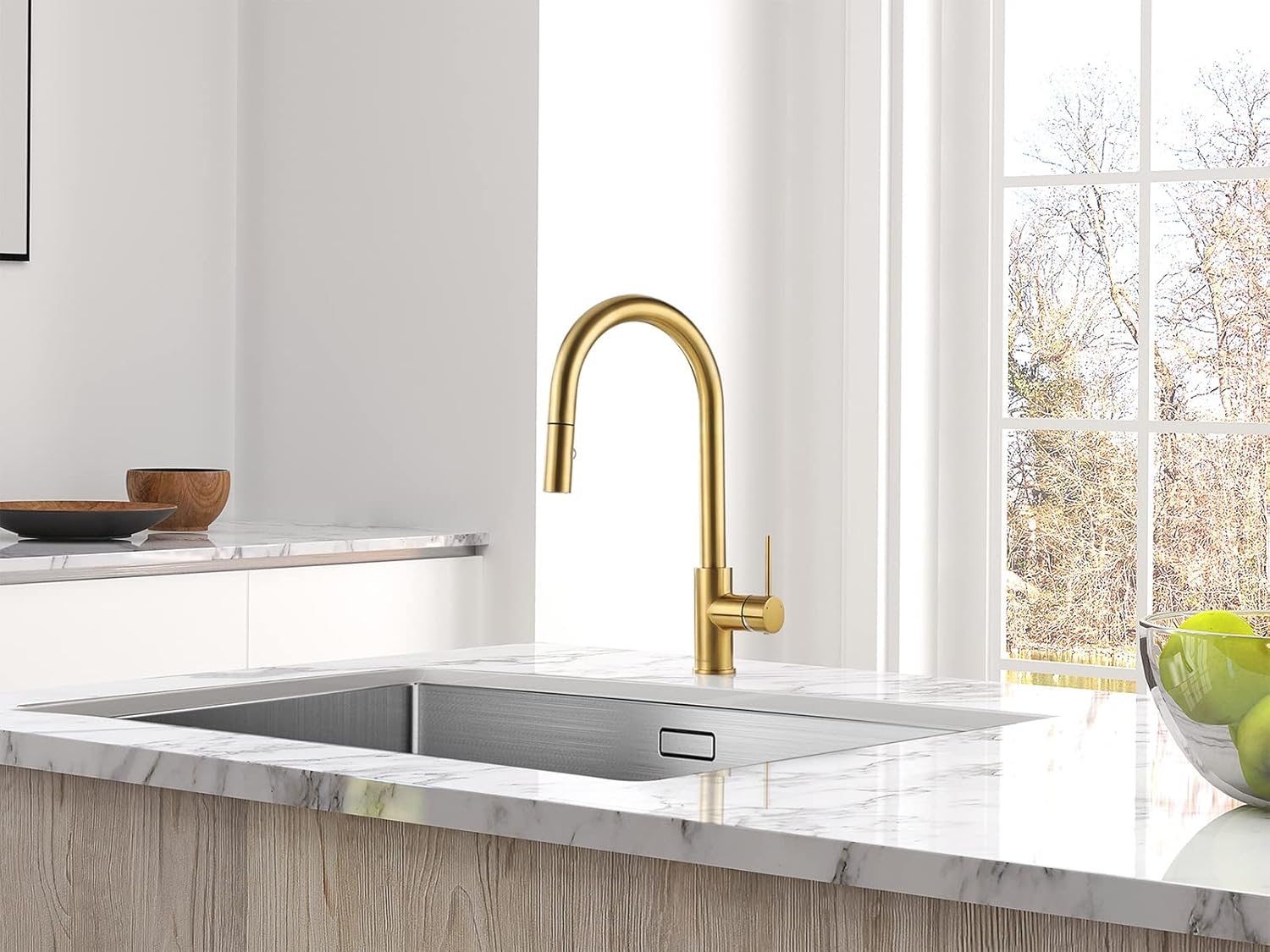 AS60BG Grifo de fregadero de cocina dorado cepillado con pulverizador desplegable de una sola manija