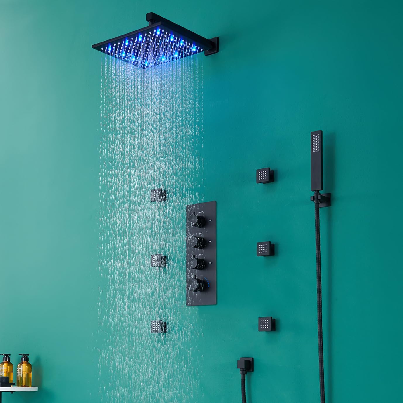 MONDAWE Sistema de ducha LED para baño, cabezal de ducha doble de lluvia de 12 pulgadas con rociador de asa, juego de ducha termostática de 3