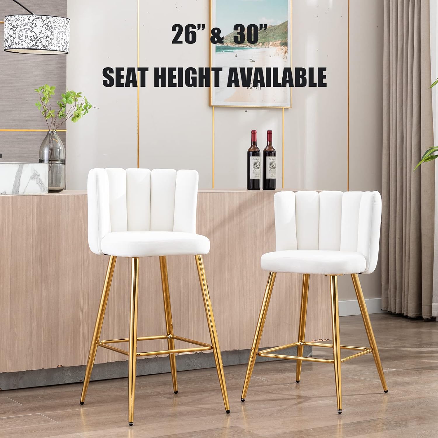 ZSARTS Juego de 2 taburetes de bar de terciopelo crema, de 26 pulgadas, modernos taburetes de bar dorados con respaldo tapizado, sillas de isla de