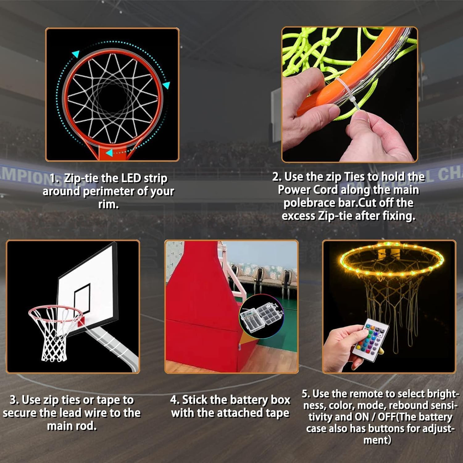 Luz LED de aro de baloncesto con control remoto para borde de baloncesto, luz LED, 17 colores, impermeable, para jugar al aire libre por la noche,