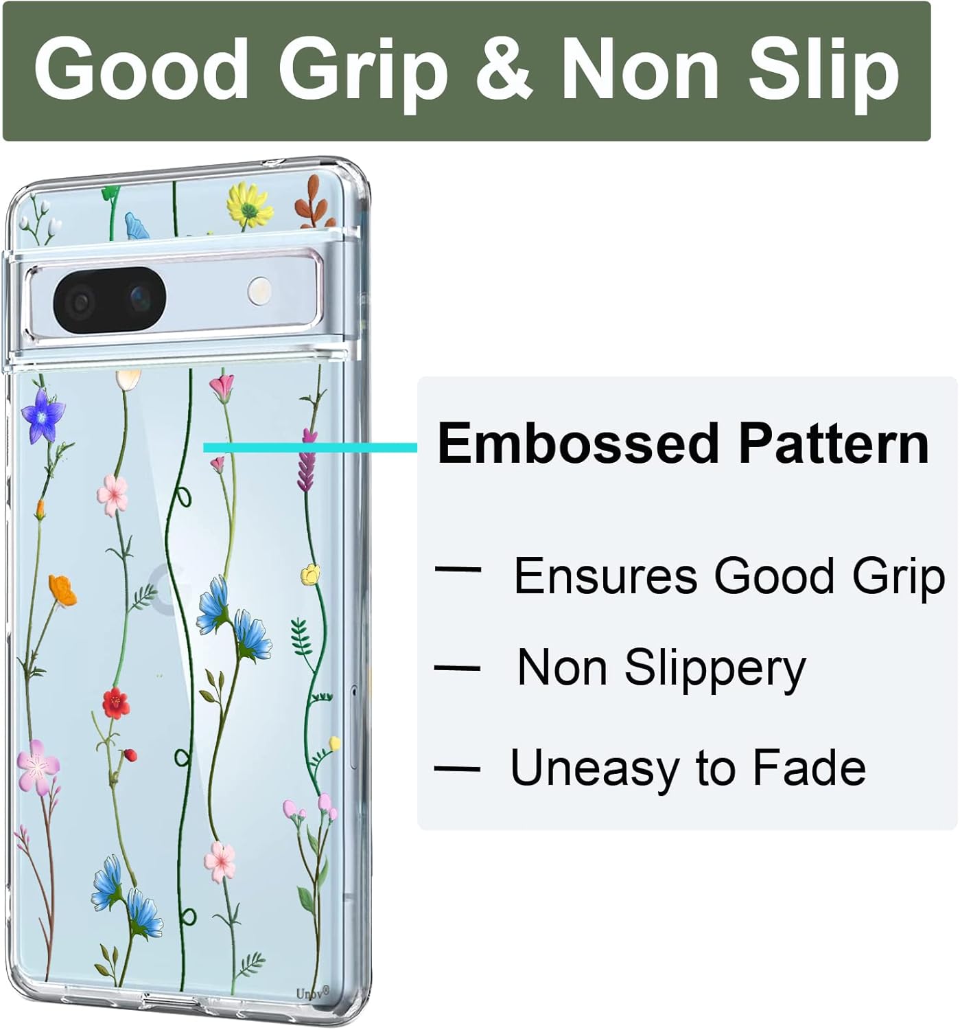 Unov Funda transparente compatible con Pixel 7a con diseño de TPU suave, absorción de golpes, diseño delgado en relieve, cubierta trasera protectora