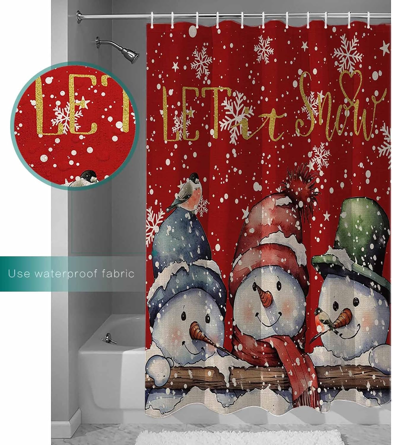 LBHAUSE Cortina de ducha de Navidad con diseño de muñeco de nieve rojo para baño, cortina de ducha de tela impermeable con copos de nieve en