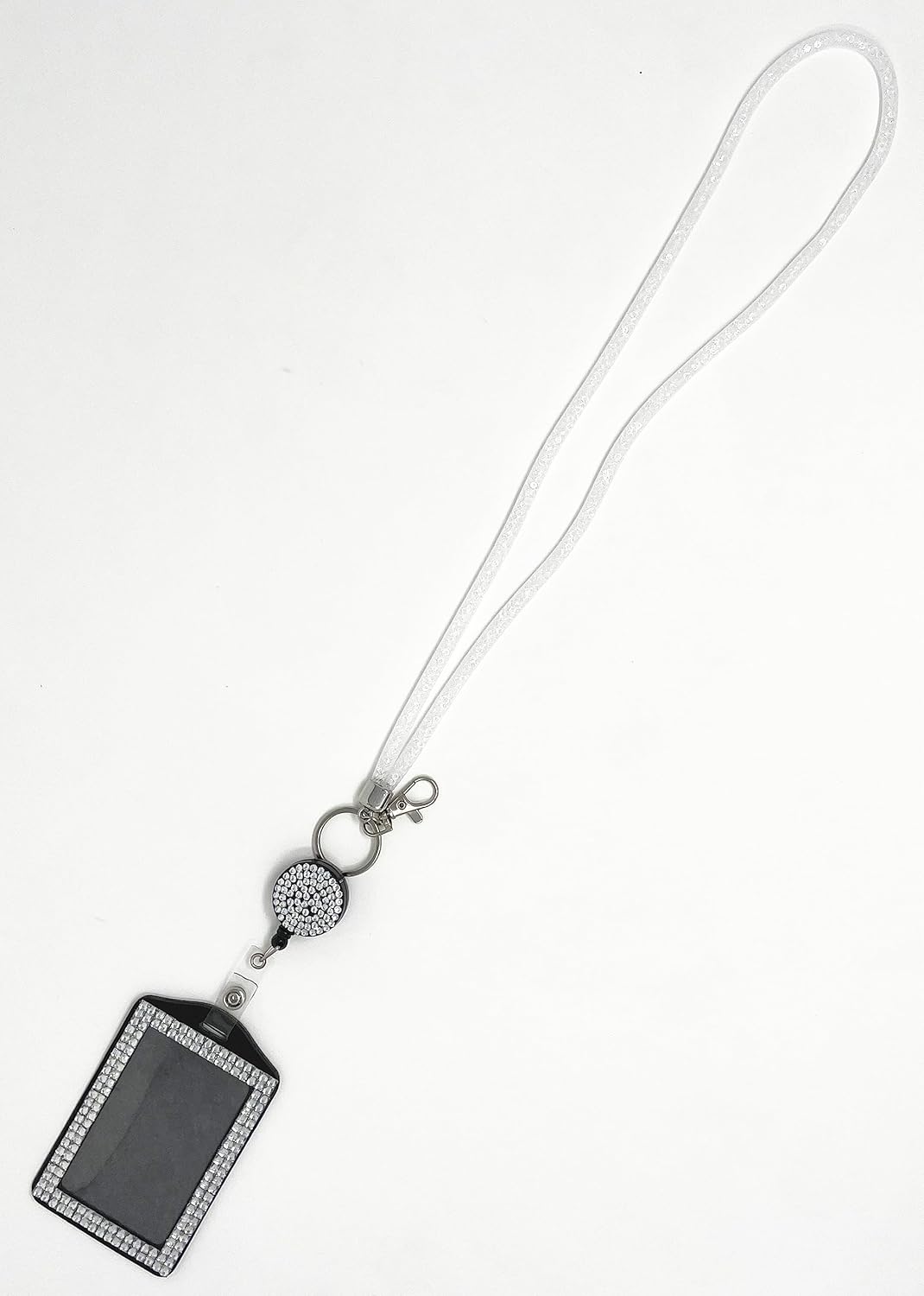 Cordón de malla con cuentas de cristal con diamantes de imitación vertical para tarjetas de identificación (blanco con carrete retráctil)