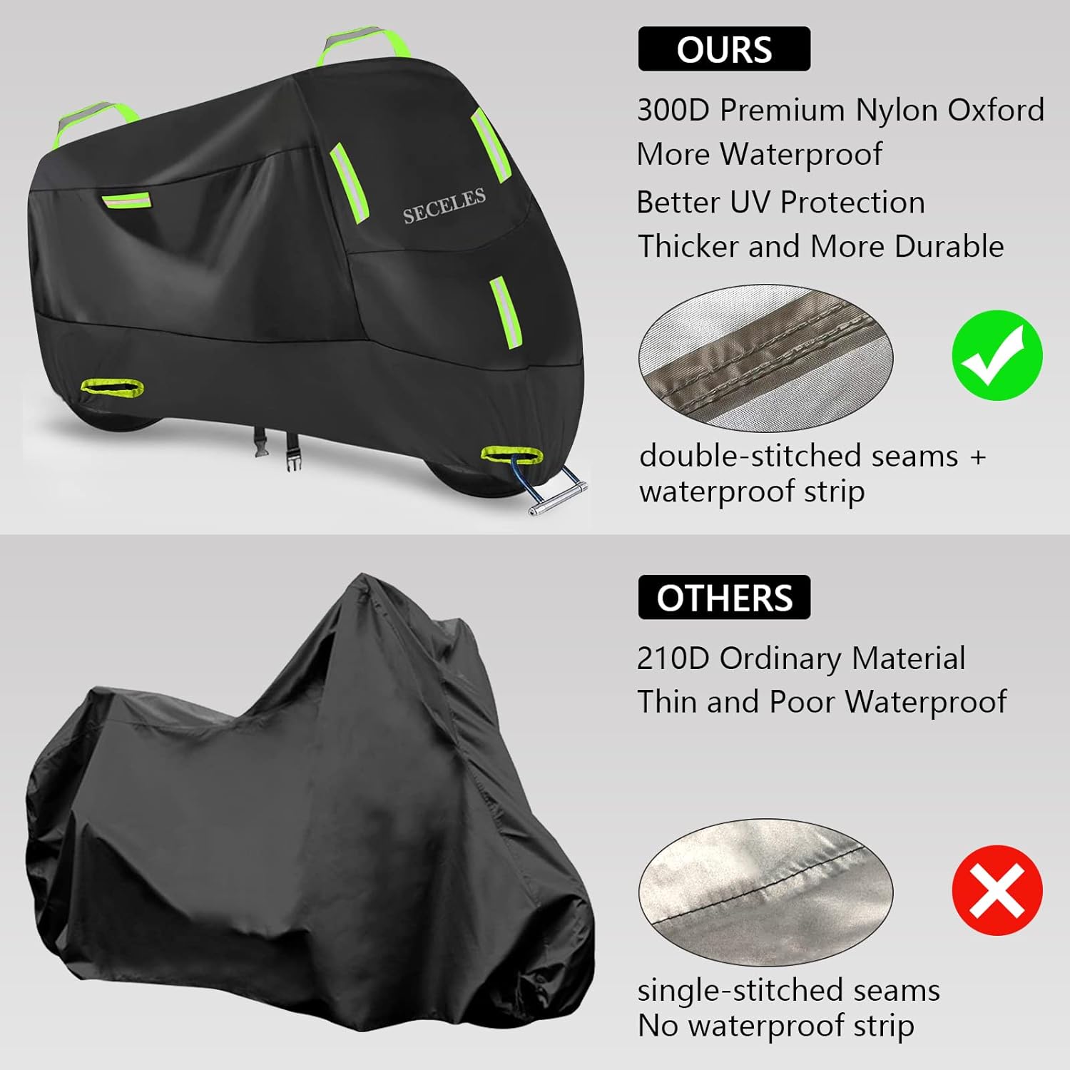 Funda para motocicleta 300D, resistente, duradera, impermeable, para exteriores, protección para todas las estaciones, con 7 tiras reflectantes y 2