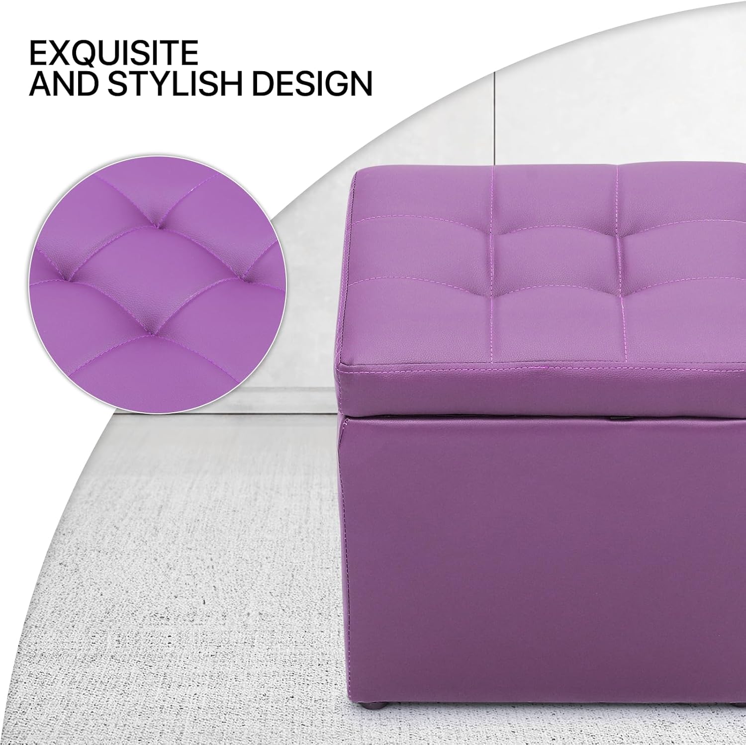 MoNiBloom Otomana pequeña con almacenamiento, moderna de 15.5 pulgadas, de piel sintética, color morado, con tapa abatible, reposapiés con tapa con
