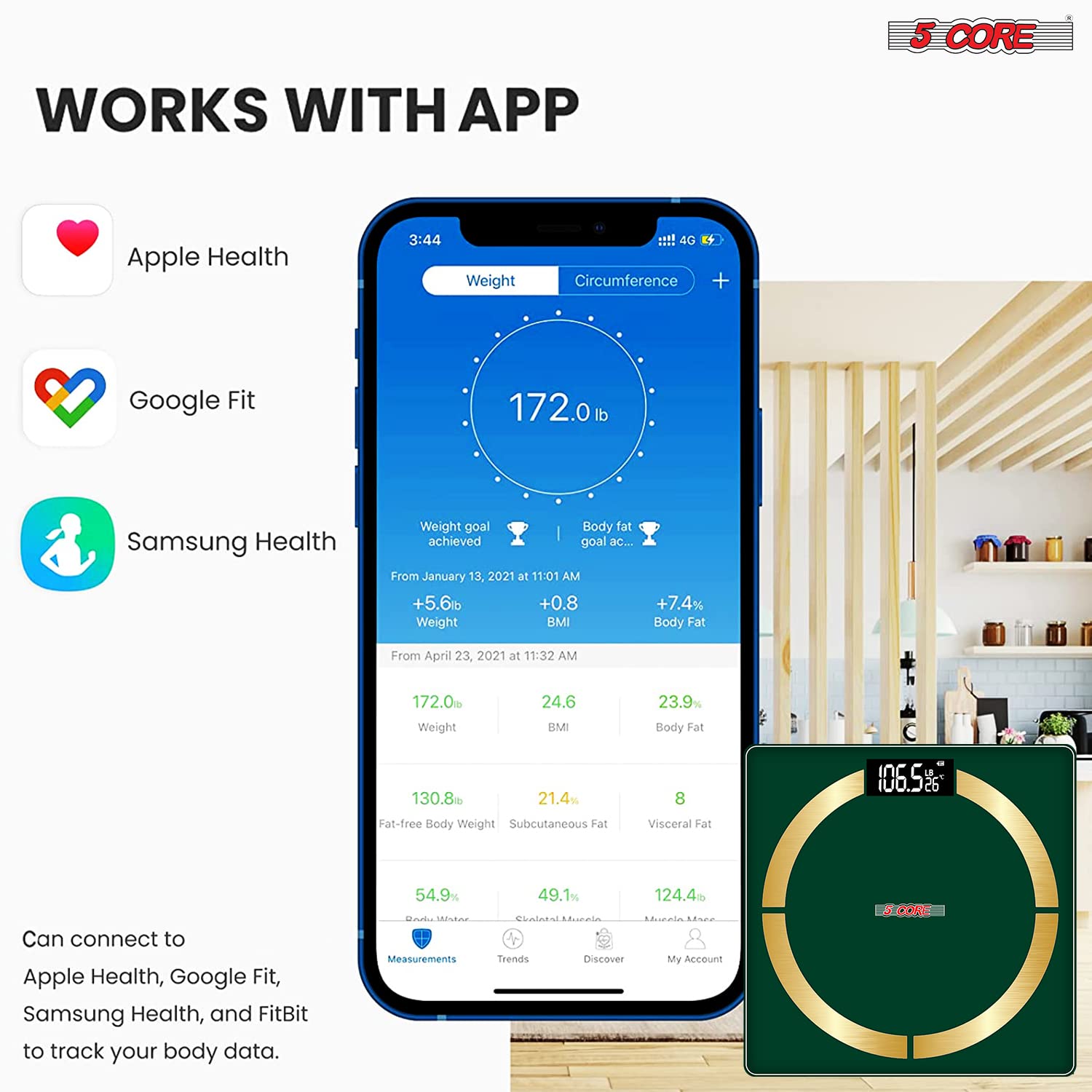 5 Core Báscula digital inteligente para baño con grasa corporal y peso de agua para personas, máquina analizadora electrónica de cuerpo con