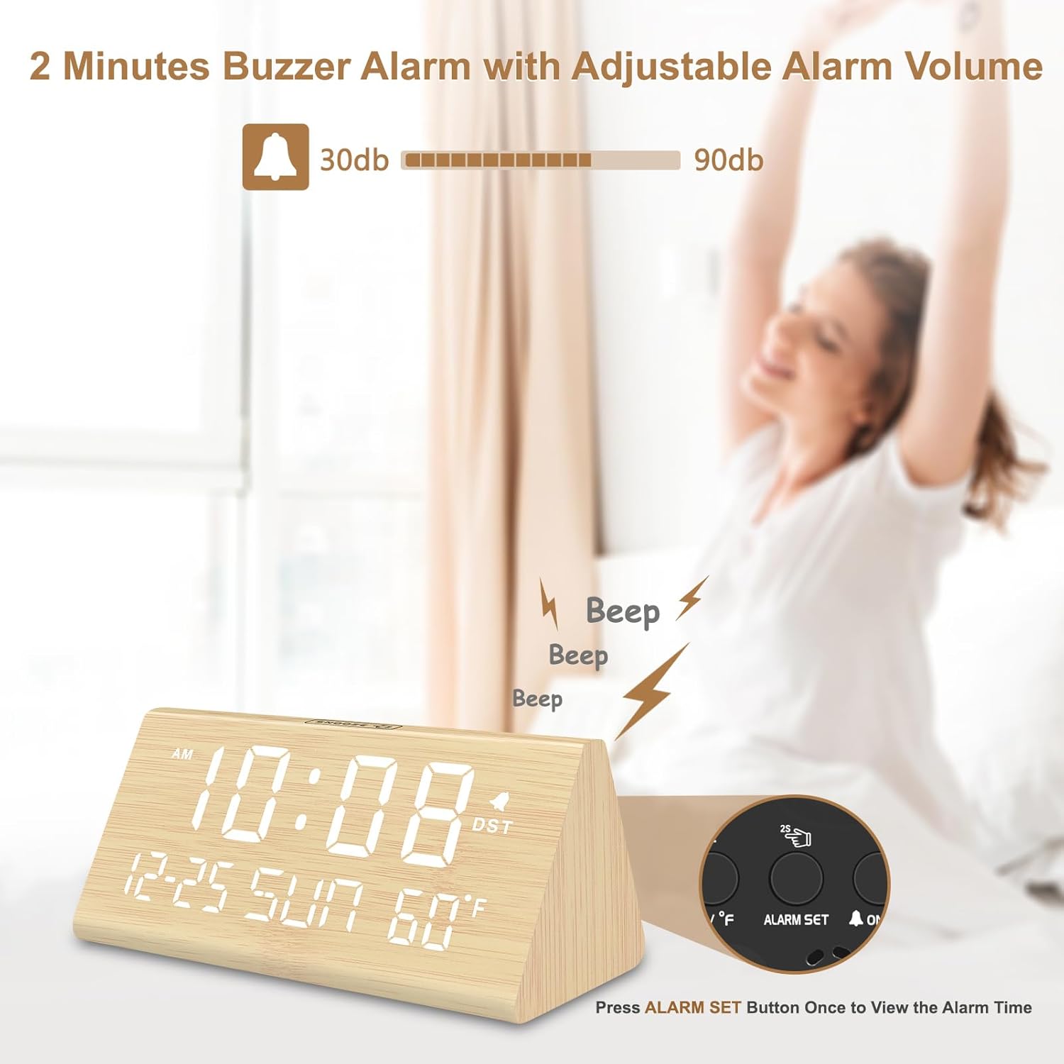 DreamSky Digital Alarm Clocks for Bedrooms – Wooden Electric Clock with USB Ports, Date, Weekday, Temperature, 0-100% Brightness Dimmer, Adjustable