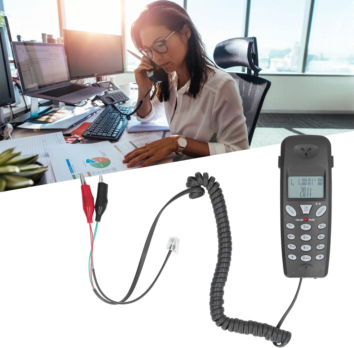 Cuifati Teléfono con cable, pantalla LCD de 16 bits con cable Teléfono con cable con función de pausa de redireccionamiento con FSK, ID de llamadas