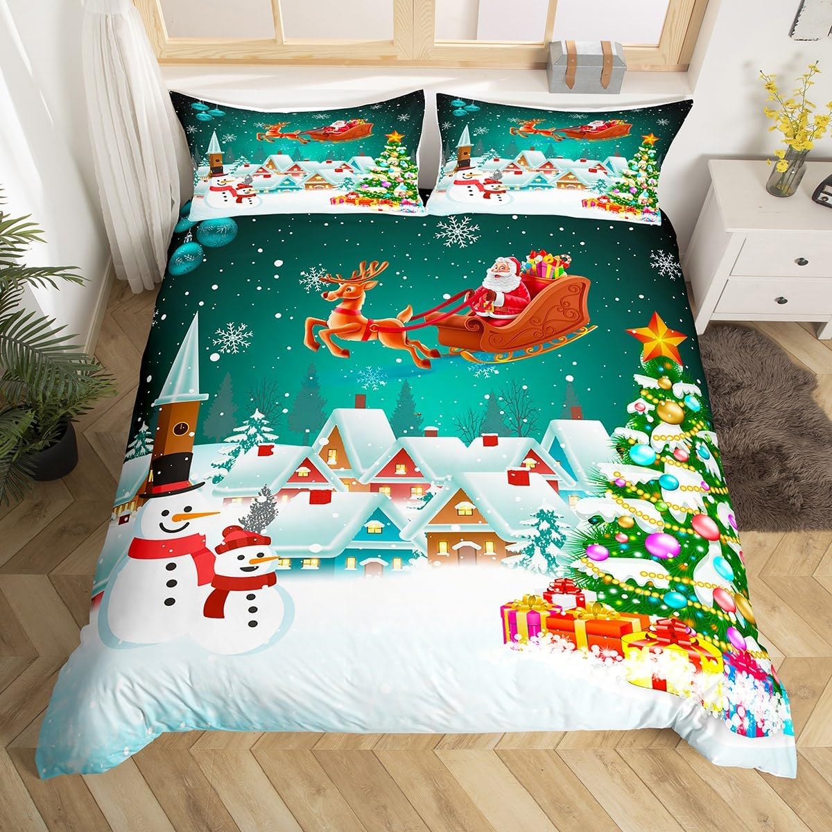 Manfei Juego de funda de edredón de Navidad, tamaño individual, juego de ropa de cama de árbol de Navidad, muñeco de nieve, 2 piezas para decoración