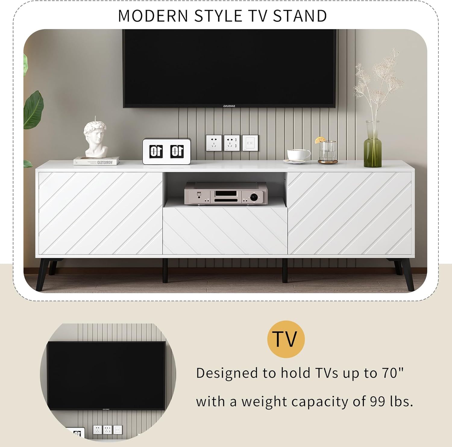 Soporte de TV moderno de mediados de siglo para TV de 75 pulgadas, gabinete de TV de madera con cajón y estante abierto, mesa consola de TV